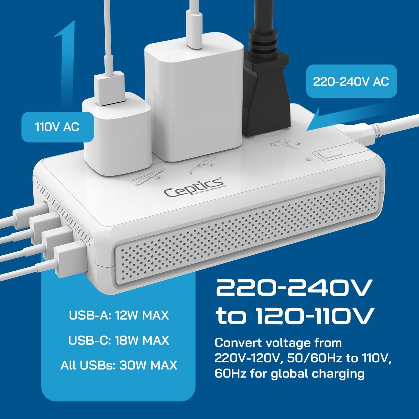 2000W Travel Voltage Converter - Step Down 220V to 110V for Hair Dryers, Curling Irons & Chargers | 4 USB Ports, QC 3.0