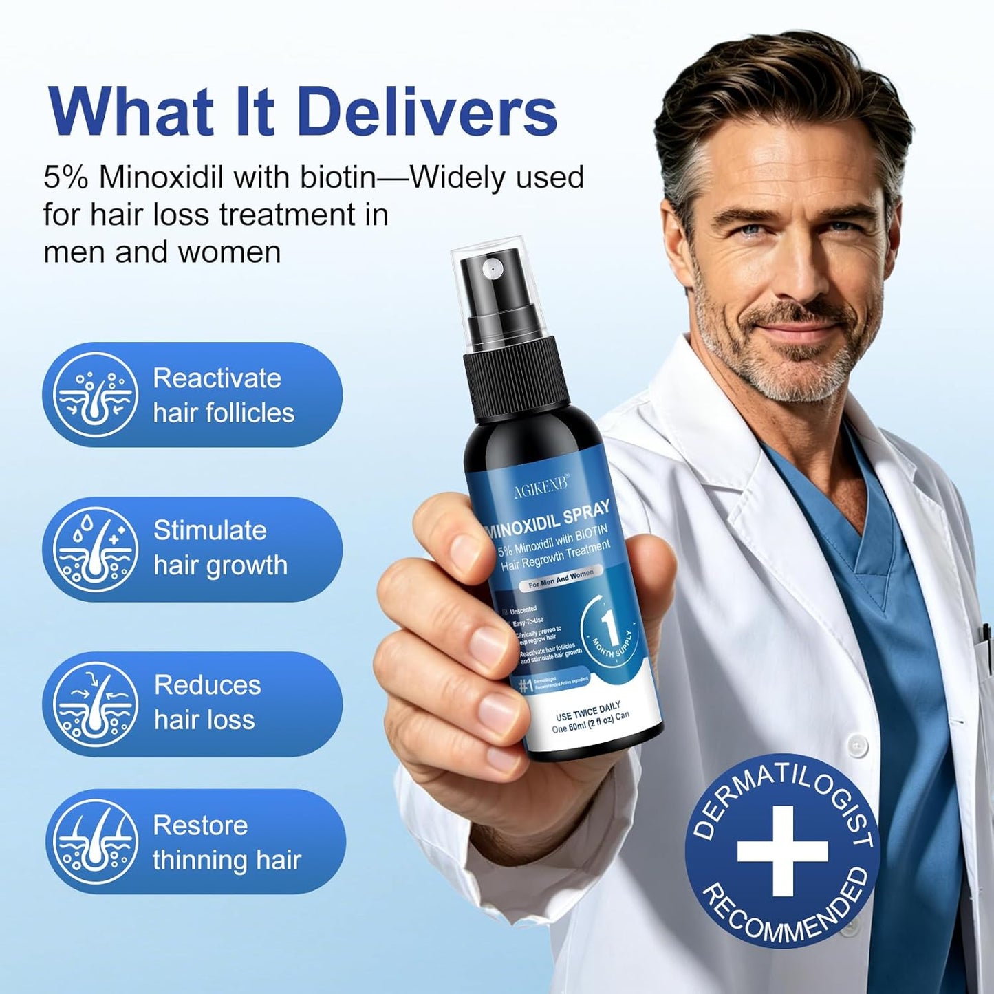 Minoxidil Spray for Hair & Beard Regrowth - 5% Extra Strength, Biotin Infused | 8 Pack, 8 Month Supply