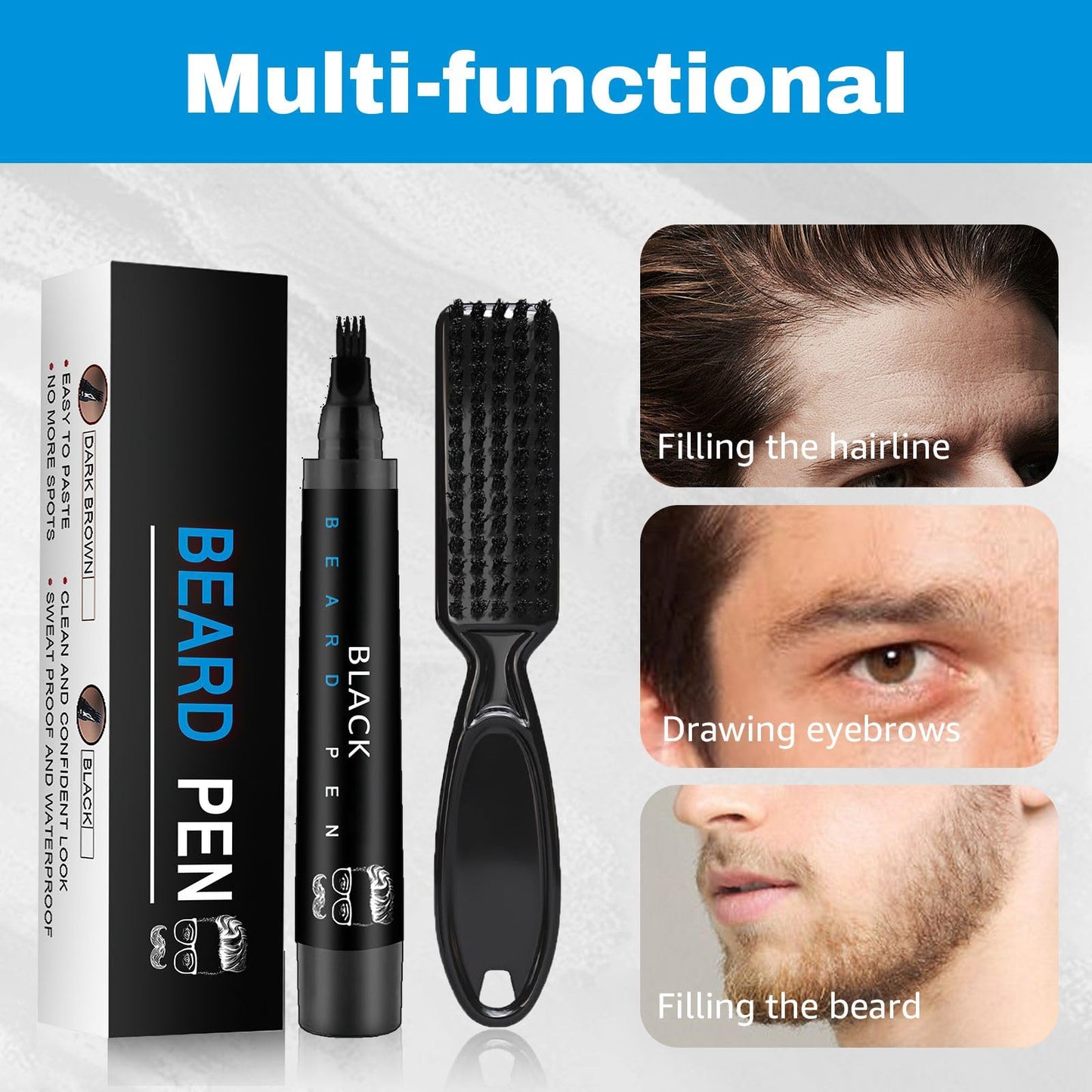 Beard Pen with Brush, Barber Pencil Mens Grooming Kits Creating Voluminous Beard Dad Gifts (Dark Brown)