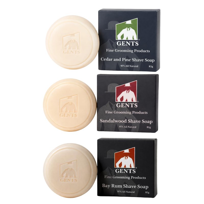 GENTS All Natural Shaving Soap Set for Men, 3 Pack Cedar & Pine, Sandalwood, Bay Rum, Shea Butter Rich Lather, Barbershop Wet Shave Grooming Kit