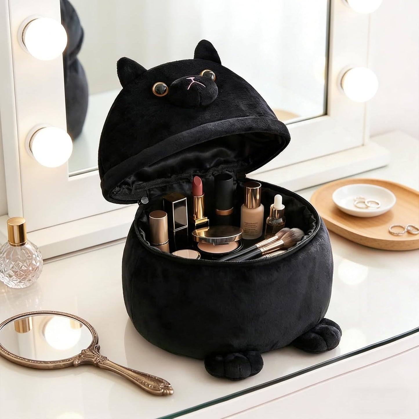 Funny Cat Makeup Bag - Large Capacity Travel Cosmetic Organizer | Perfect Gift for Cat Lovers, Teens & Women - Black