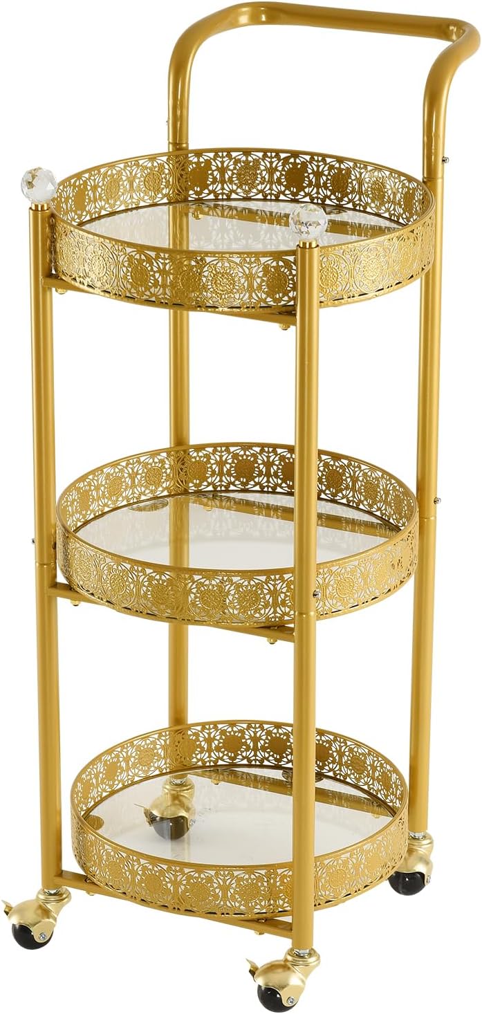 Multi-Functional Mobile Trolley Bar Cart - Rolling Design with Lockable Casters & 3 Mirror Holders | Gold Finish