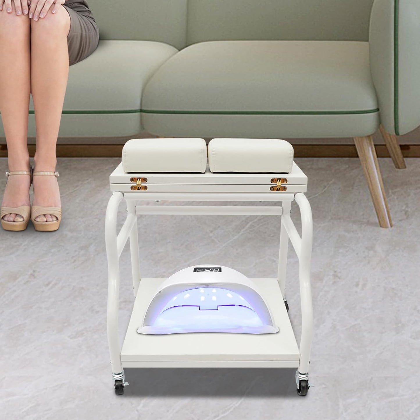 Pedicure Cart - 2-Tier Portable Foot Bath Trolley for Nail Salons | Foldable Rolling Manicure Storage Cart (White)