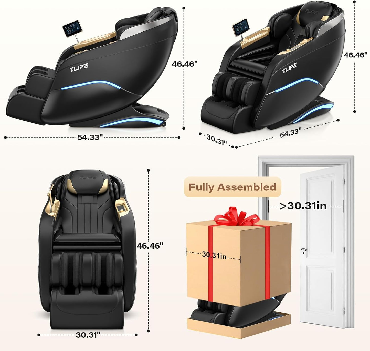 TLIFE Full Body Massage Chair - 160° Zero Gravity Recliner with Body Scan & 12 Auto Modes | Black