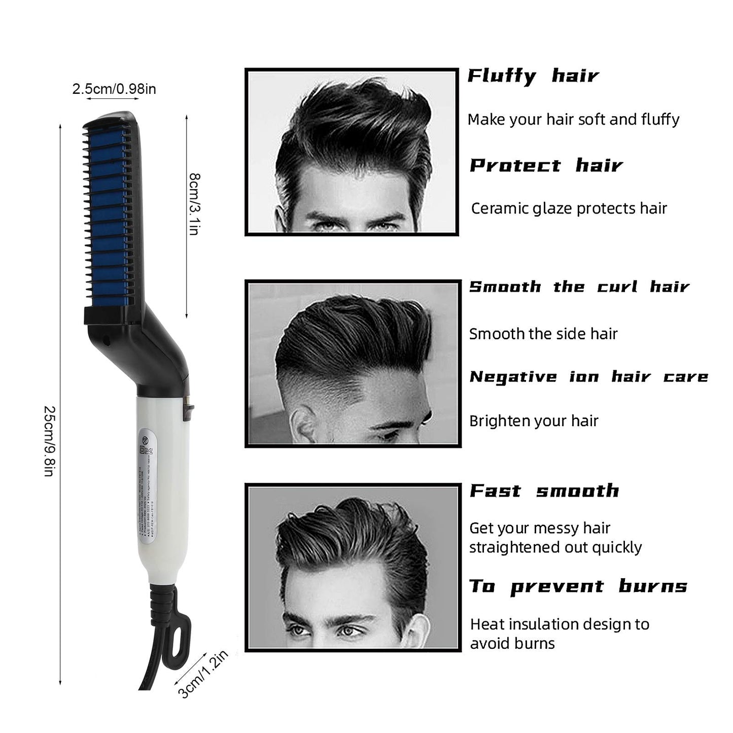 Agatige Beard Straightener Comb, Fast Heating Multifunctional Electric Hair Comb Portable Beard Brush Styler for Men Women Home Travel Use(US)