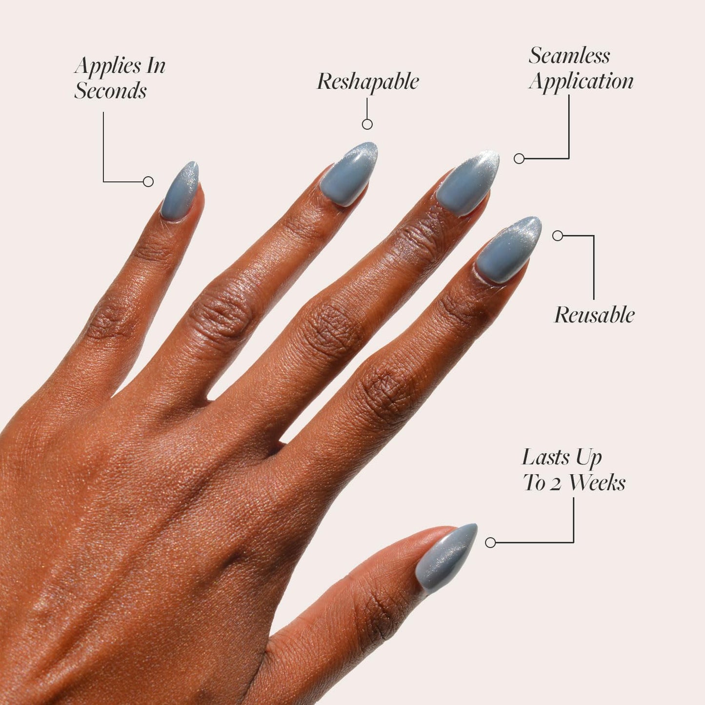 Glamnetic Press On Nails - Baby Blues | Short Almond, Pastel Blue Fake Nails with a Mesmerizing Metallic Finish | 15 Sizes - 30 Nail Kit with Glue