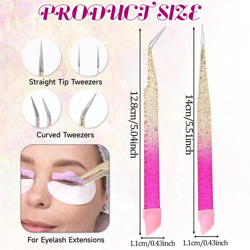 2 Pcs Double Ended Nail Art Tweezers with Silicone Pressing Head - Straight & Curved Tip Stainless Steel Tweezers for Eyelash Extensions & Nail Art Stickers