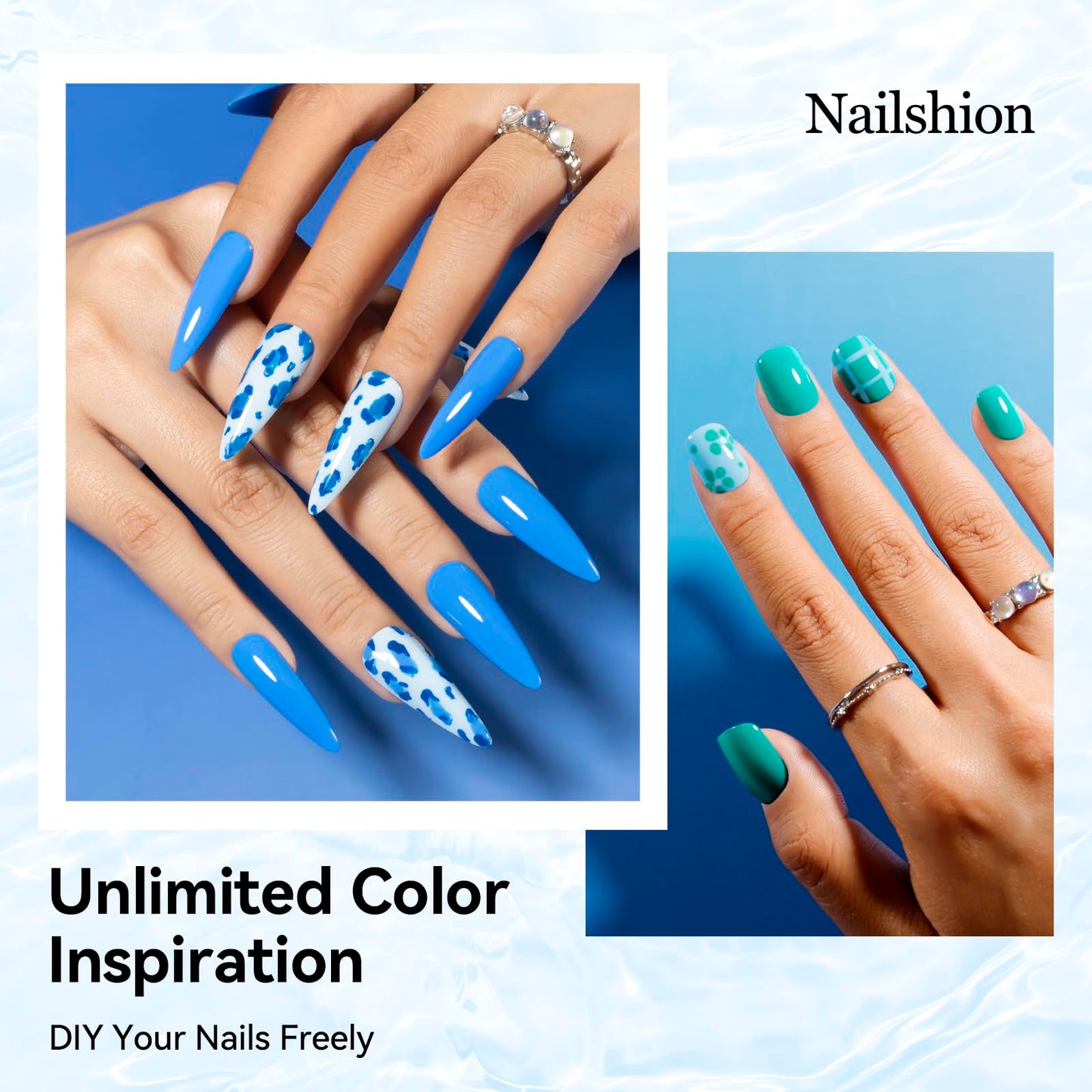 Nailshion Blue Nail Polish Set: 6 Colors Light Navy Royal Teal Ocean Baby Blue Collection Toe Fingernail Polish, Quick Dry Non Gel, High Gloss Shine, Summer Nail Art Gift for Women Girls