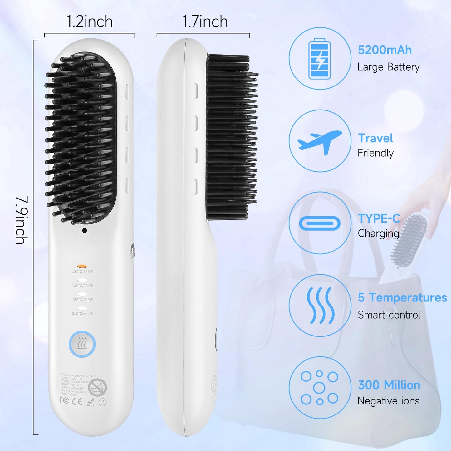 Cordless Hair Straightener Brush – Go Brush Pro for Short Hair with 4 Temp Levels, Anti-Scald Design, Portable Straightening Comb for Smooth, Frizz-Free Styling at Home or Travel (White)