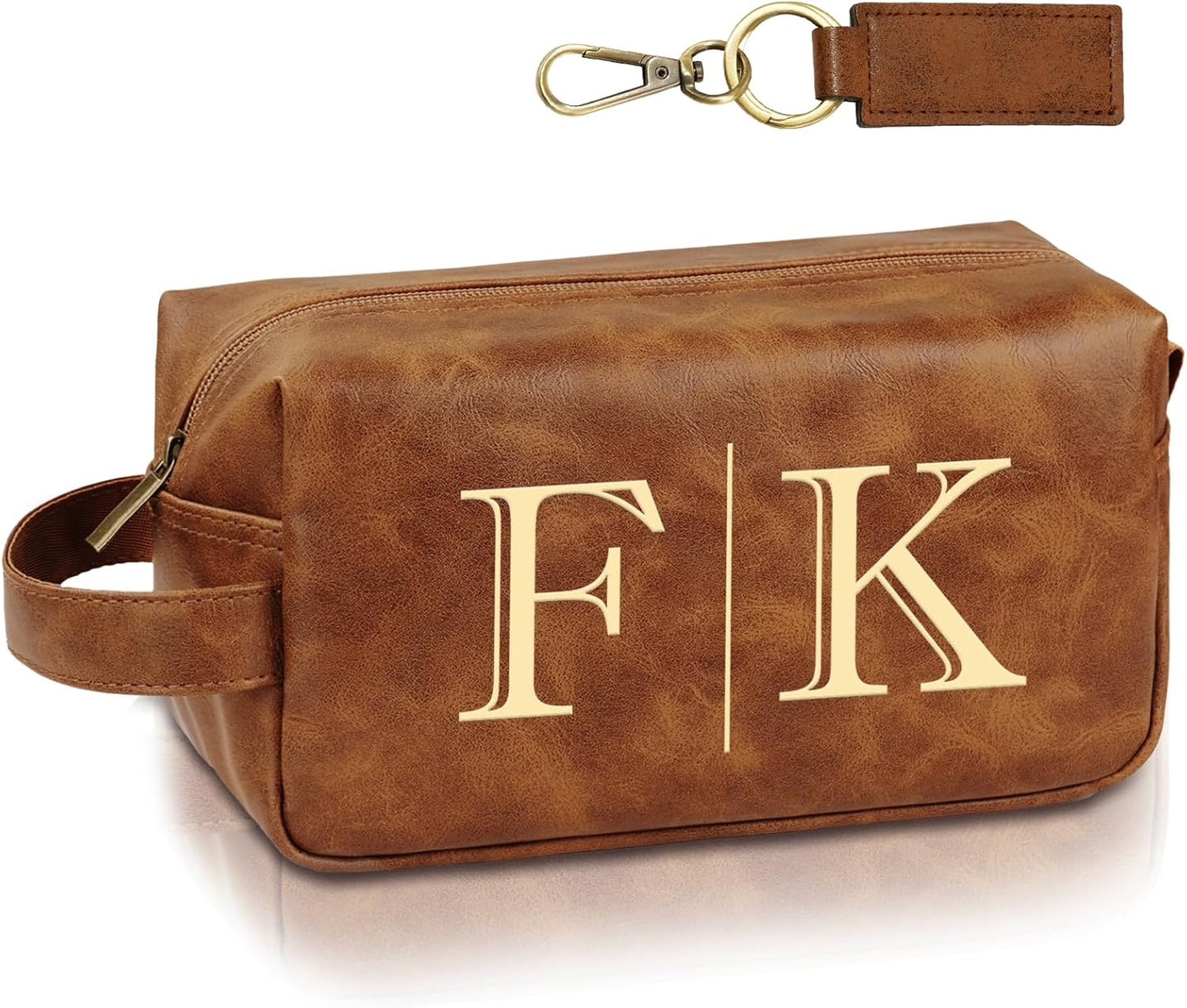 Personalized Leather Toiletry Bag - Custom Travel Shaving Kit for Men | Unique Gift for Husband, Dad, Boyfriend (Yellow Brown)