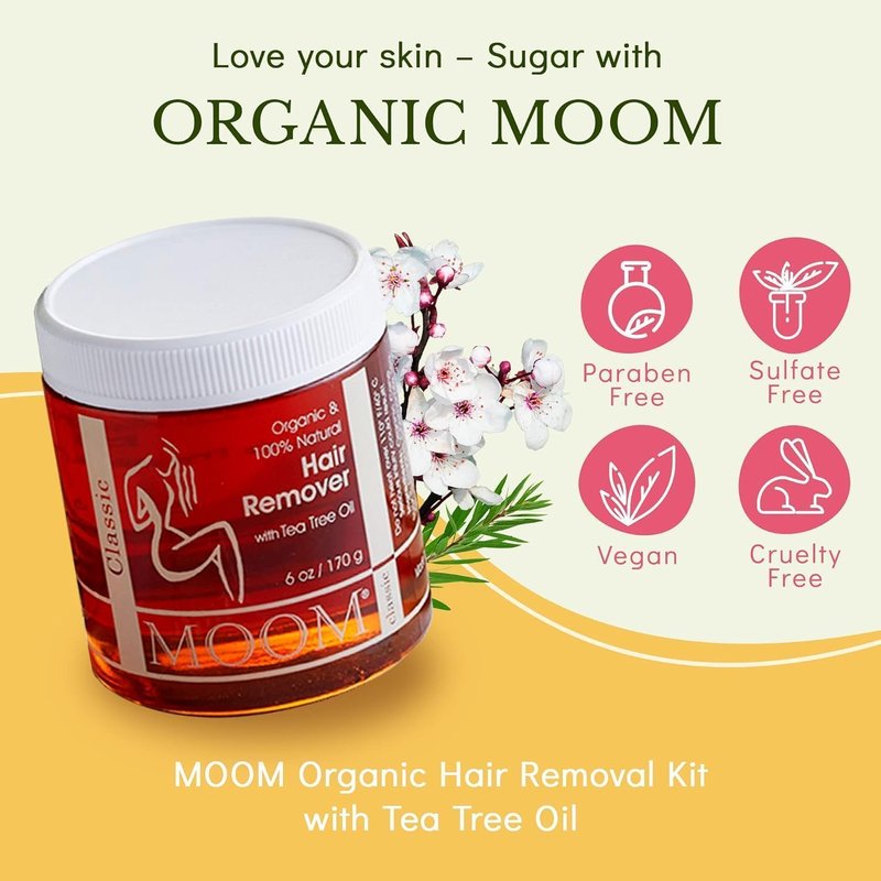 MOOM USDA Organic Sugar Wax Hair Removal, 6 oz Soft Wax Jar with Tea Tree Oil - Sugaring Paste for Face, Bikini & Brazilian, Body & Leg Wax for Women & Men (Strips & Sticks NOT Included)