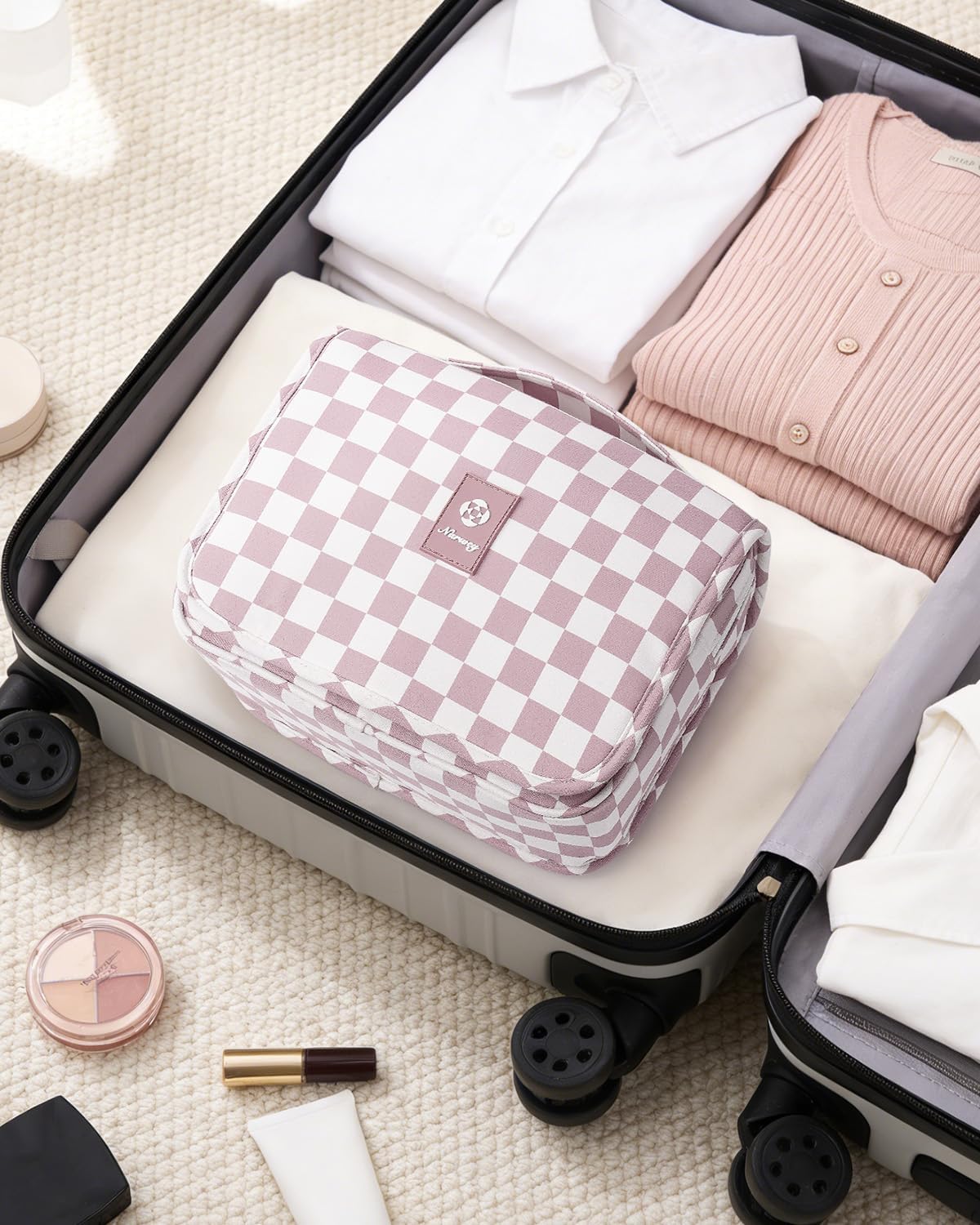 Small Hanging Travel Toiletry Bag - Checkered Makeup Organizer for Women | Dusty Pink Checkerboard