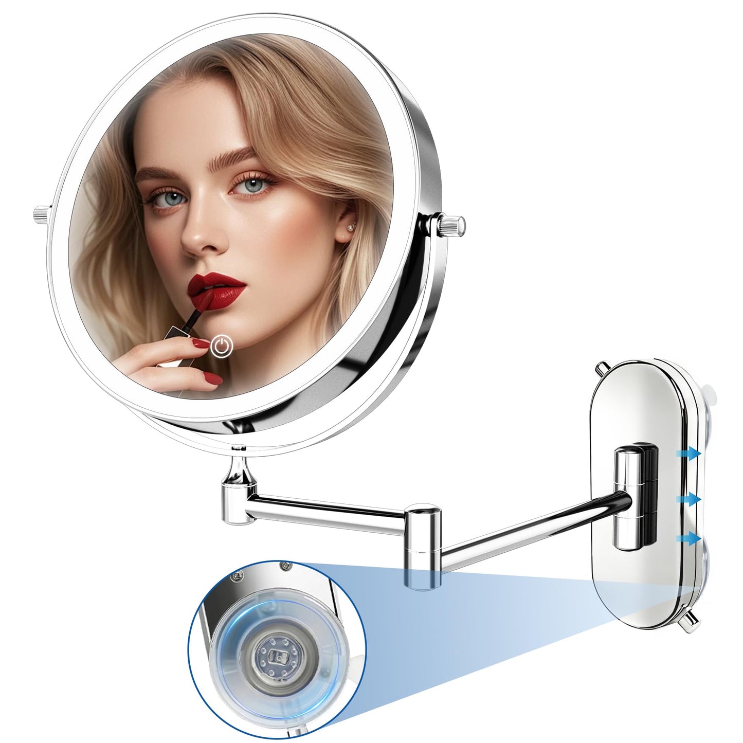 8“Lighted Makeup Mirror Wall Mounted Suction Cup,1X/10X Magnifying Mirror Rechargeable No Drilling Wall Mounted Makeup Mirror Swing Arm, 2000mAh USB Charging, Wall Mount for Bathroom & Shaving Chrome