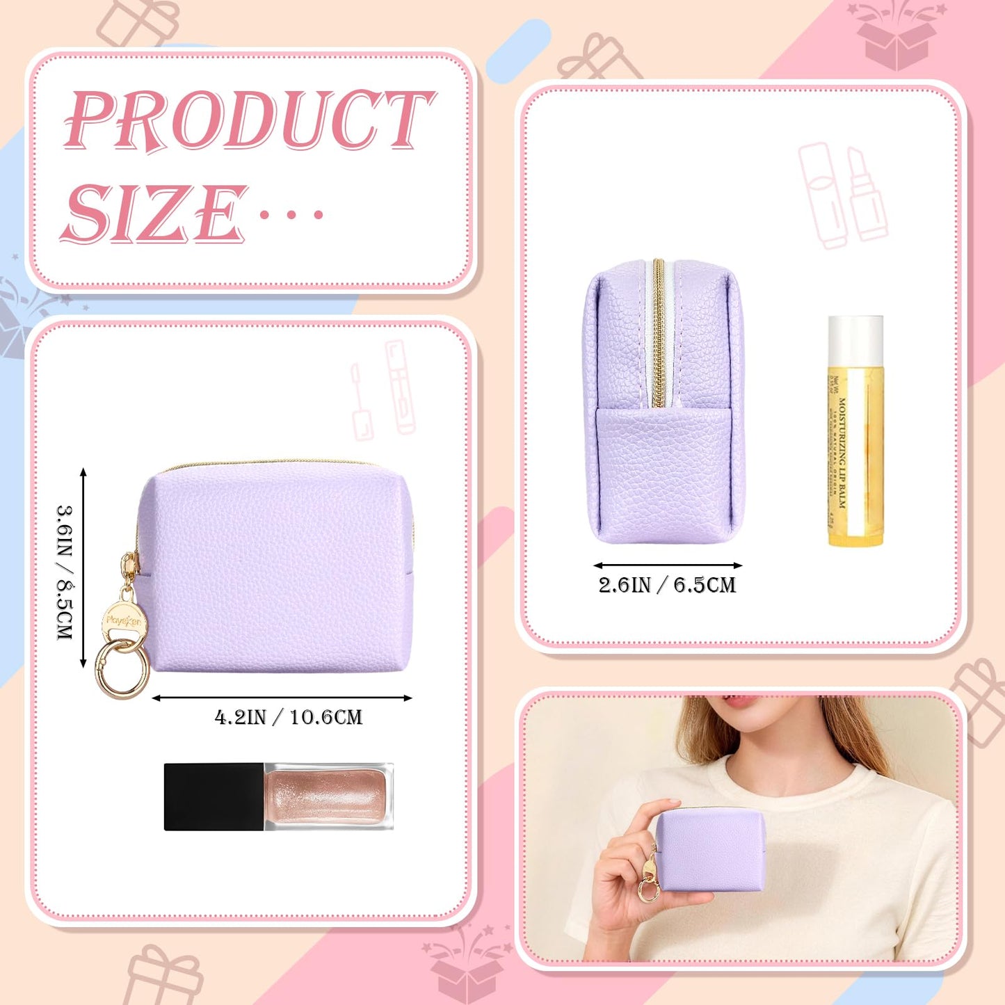 Playexen Mini Makeup Bag, Small Cosmetic Bag for Purse with Ring Buckle, Portable XS Travel Makeup Pouches Purse, Birthday/Party/Christmas Gifts (Solid-Purple)