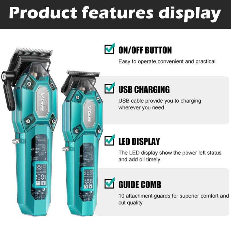 VGR Professional Hair Clippers for Men, Cordless Barber Clippers and Trimmers Set, Mens Hair Cutting Kit with 10 Guide Combs, USB Rechargeable Haircut Machine for Family, LED Display, Green