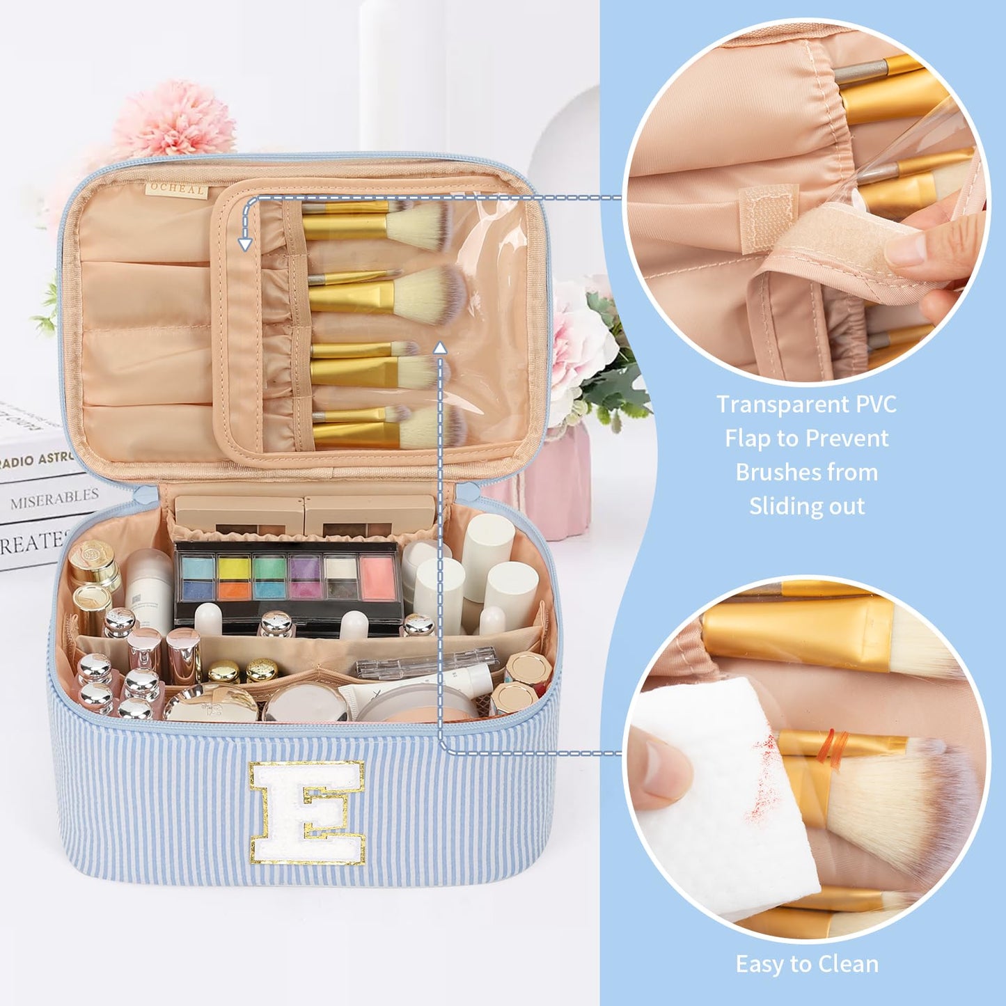 OCHEAL Makeup Bag for Women, Monogram Cosmetic Bag Blue Travel Makeup Case Beauty Toiletry Bag Organizer Personalized Gifts for Girls Bridesmaid, Sister, Wife, Friends Initial E