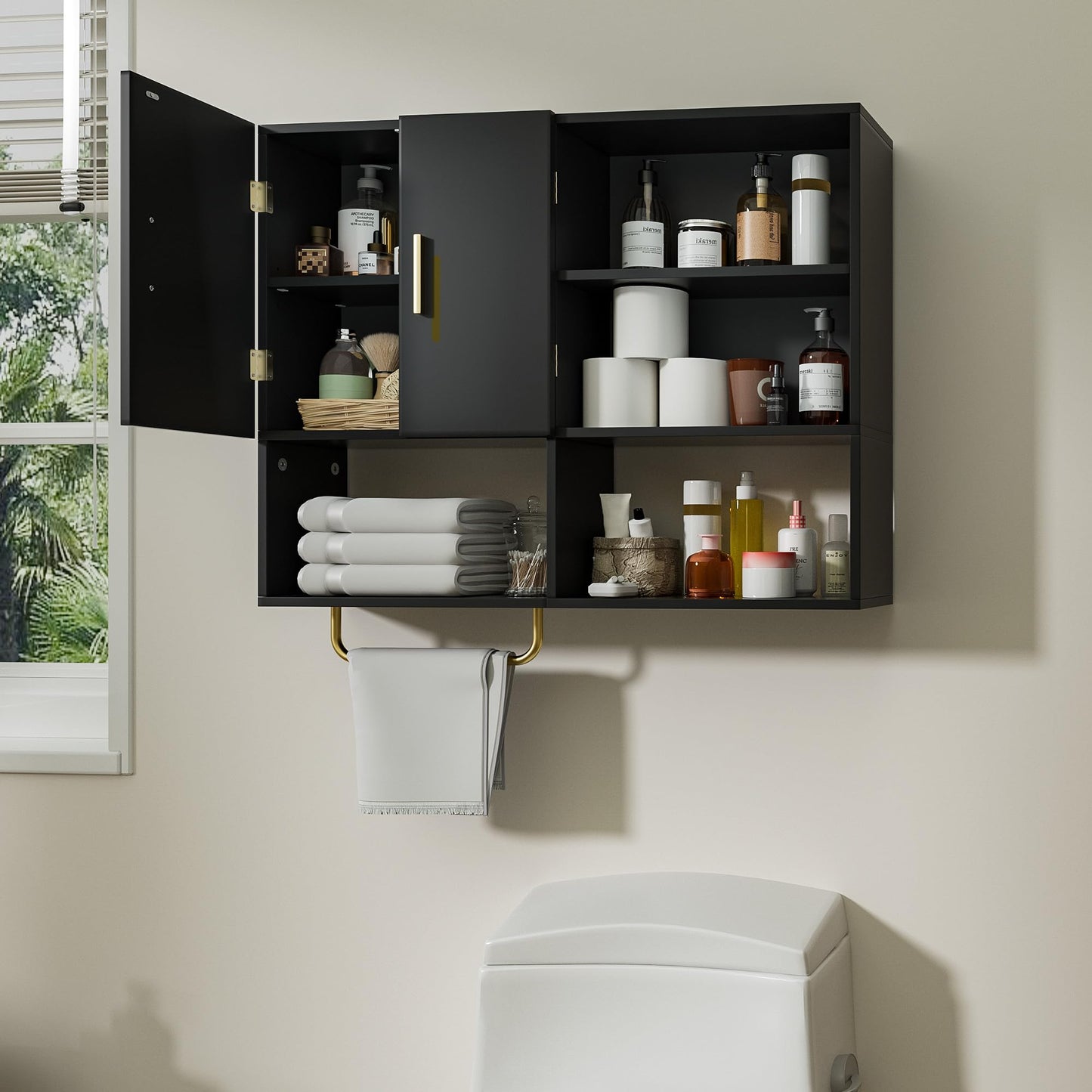 Tltaroni Bathroom Wall Cabinet Wood Large Wall Mounted Medicine Cabinet with 2 Doors and 4 Open Shelves Over Toilet Storage Cabinet Organizer with Towel Bar, Black