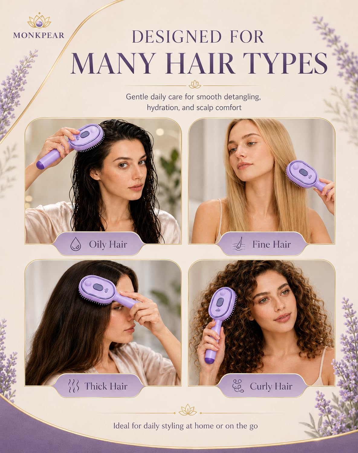 Electric Spray Air Cushion Massage Comb, Self-Cleaning Anti-Tangle Hair Brush, Anti-Static Volumizing Mist Brush, Rechargeable Scalp Comb for Frizz Control, Smooth Shine & Daily Care (Purple)