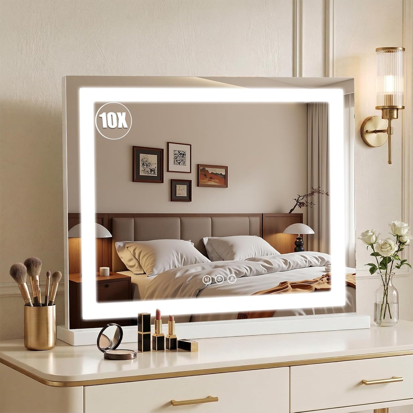 LED Makeup Mirror with Lights - 15" x 12.2" Dimmable Vanity Mirror with Smart Touch & 3-Color Lighting | 360° Rotation, White
