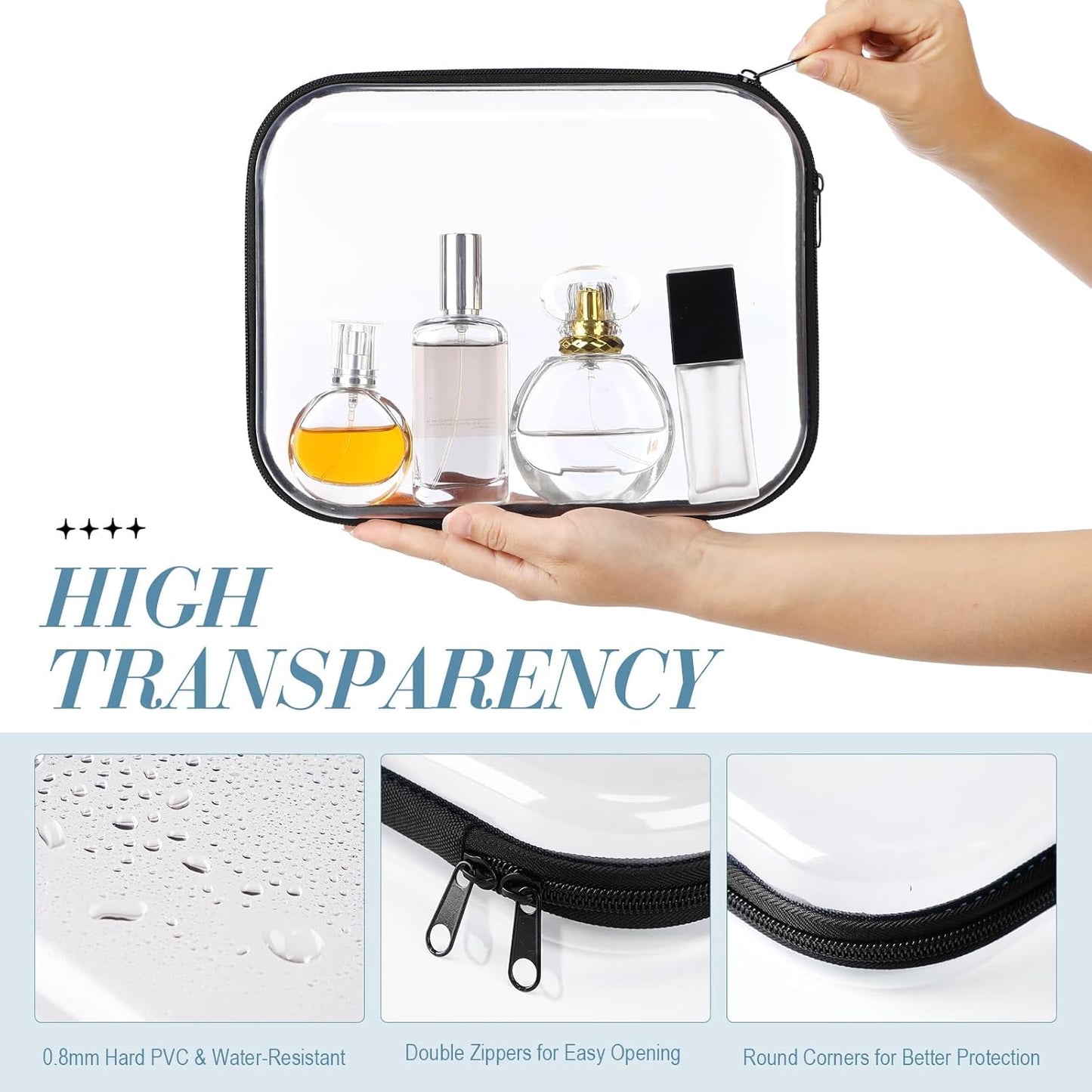 Clear Hard Zipper Case - 3 Pcs Portable Makeup Bag Organizer for Travel | Black, Medium Size