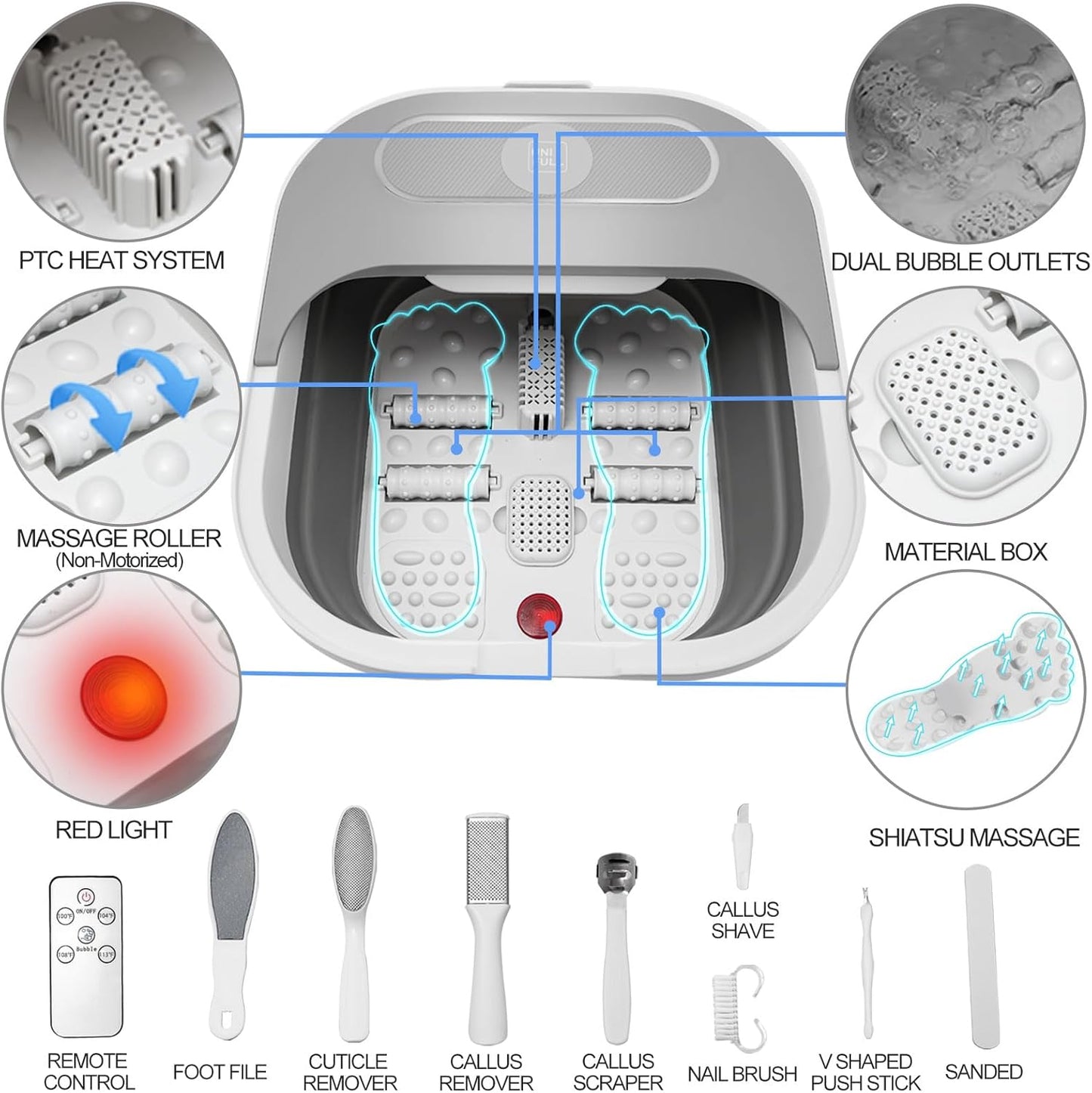 Collapsible Foot Spa Bath with Heat & Massage Rollers | Temperature Control, Bubble Function, Red Light