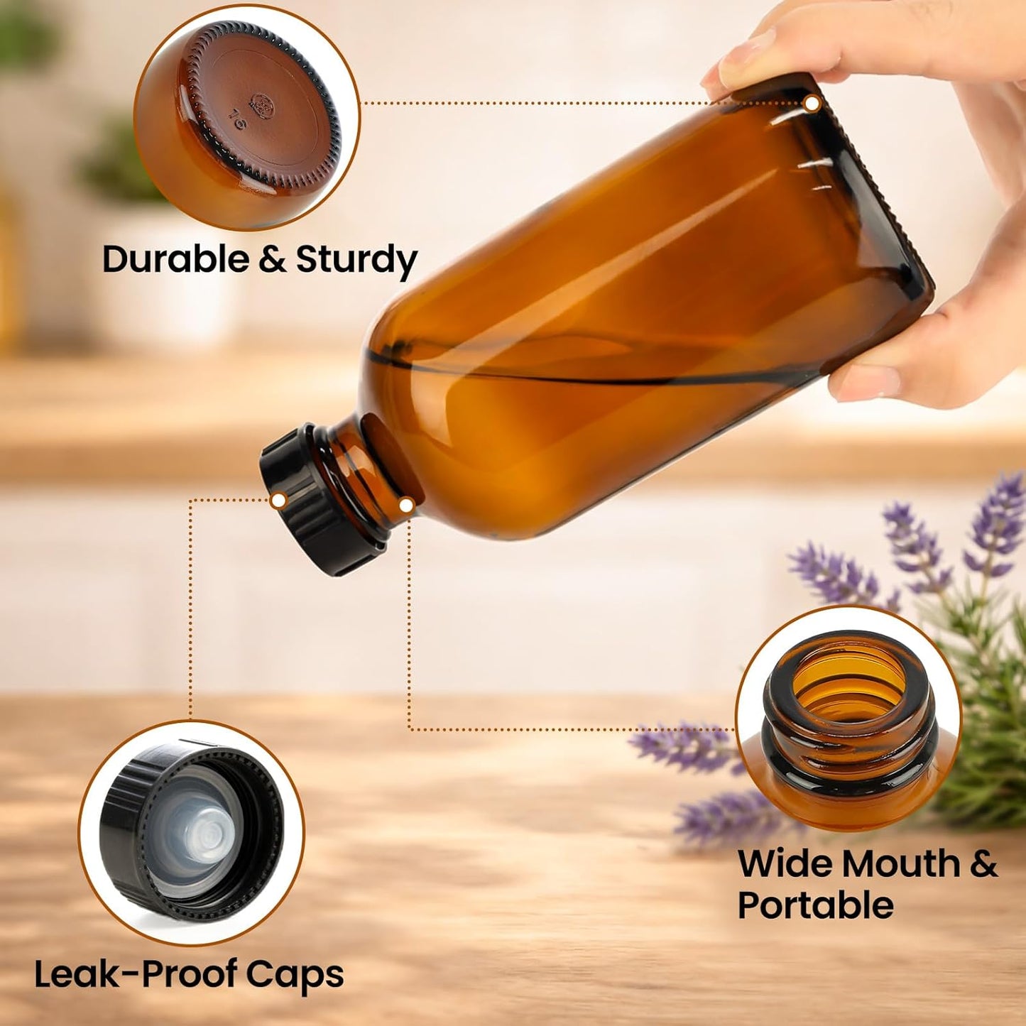 Amber Glass Bottles - 24 Pack 8oz Boston Round with Airtight Caps for Extracts, Tinctures & Juices