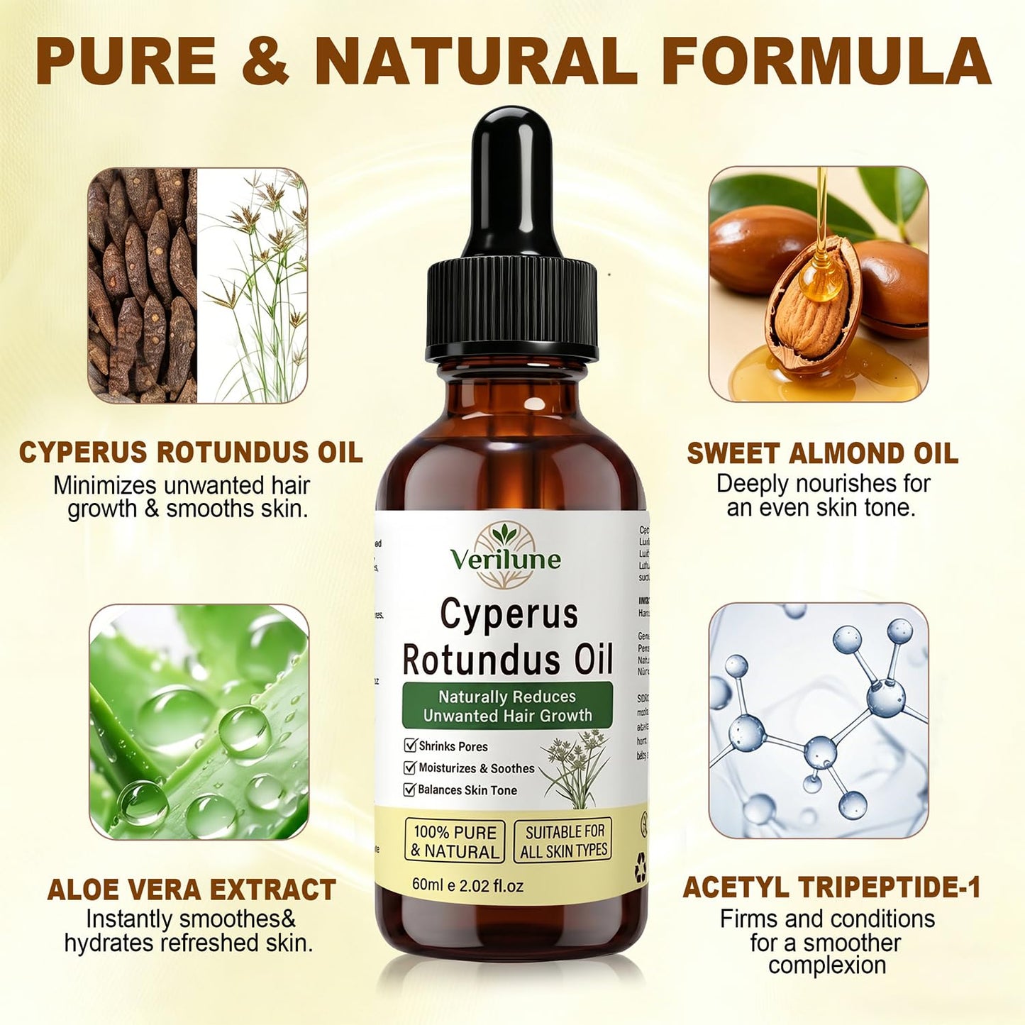 Verilune Cyperus Rotundus Oil, Natural Cyperus Rotundus Oil, Reduces Unwanted Hair Growth, Hydrating and Smoothing Skin Care Oil, Helps Refine the Look of Pores, 2.02 Fl Oz (60ml)