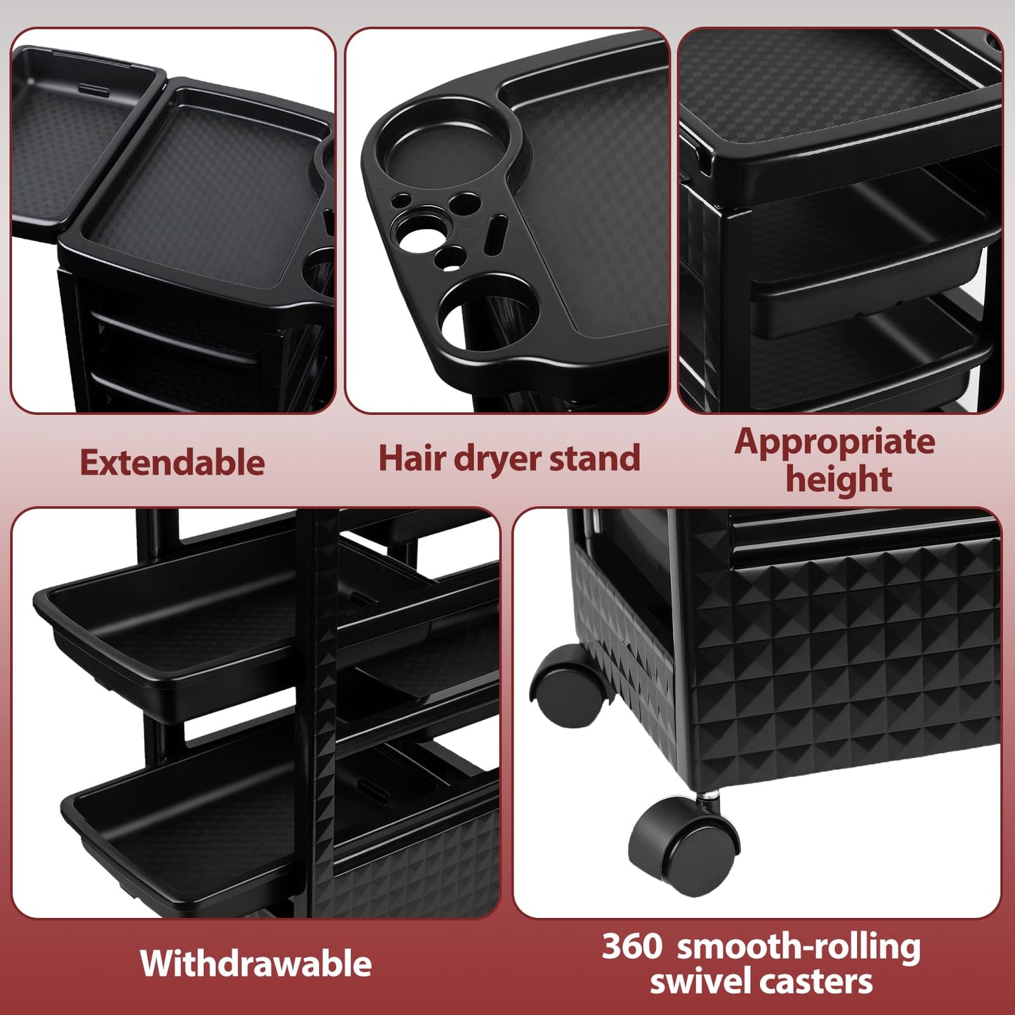 Salon Rolling Trolley with Wheels,Salon Rolling Cart for Stylist with 5 Removable Drawers,Multipurpose Beauty Cart,Mobile Storage Station,Hairstylist Trolley for Beauty Tattoo Hairdressing