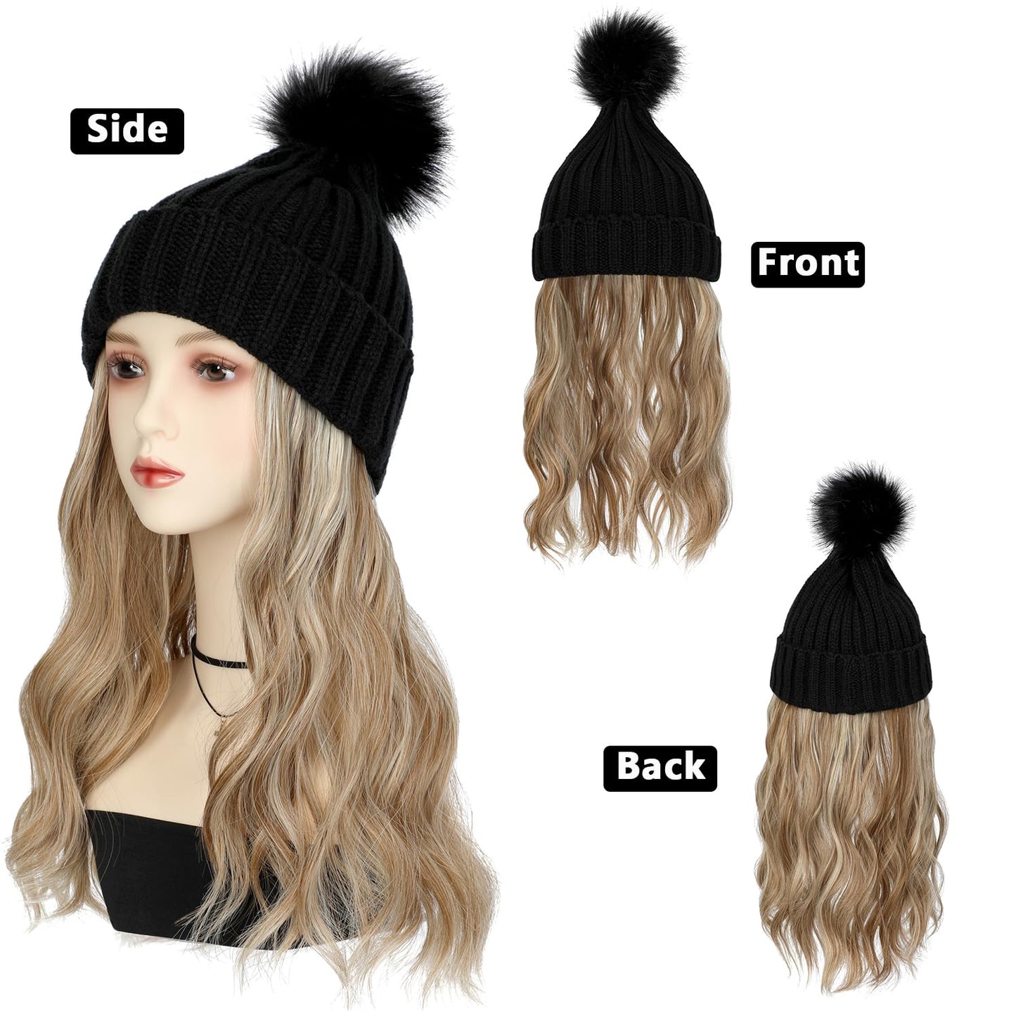 Cephermer Women Beanie Hat with Hair Attached Warm Knitted Pom Cap Attached 14inch Long Wavy Curly Hair Extensions Synthetic Hairpiece