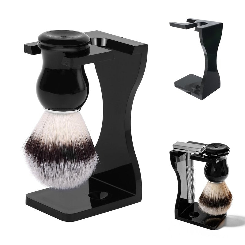 Keropy 2-in-1 Shaving Brush and Razor Stand, Black Acrylic Razor Holder with Brush, One-Piece Shave Brush Stand, Safety Razor Stand for Men, Universal Bathroom Storage Organizer, Grooming Gift for Men