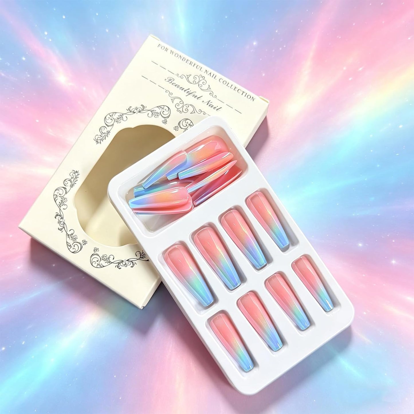 Press On Nails - Pink Blue Gradient Long Coffin Glossy Acrylic | 24 Pcs Reusable Full Cover for Summer Beach Wear