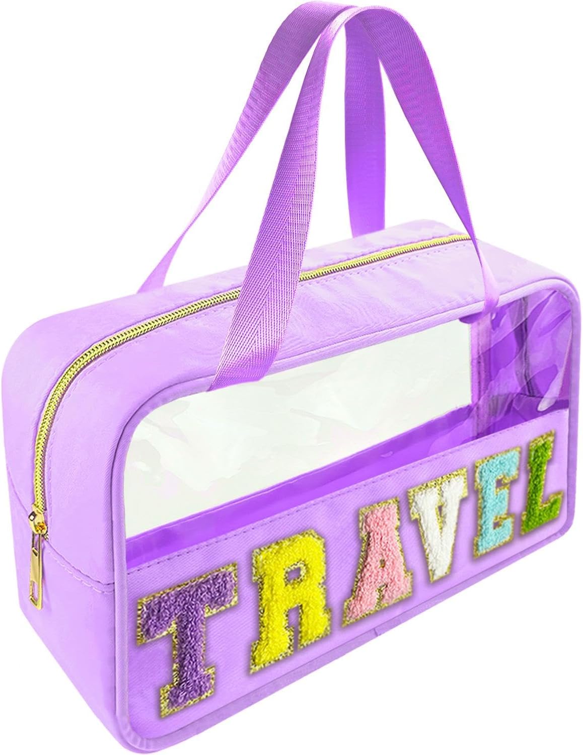Chenille Letter Clear Makeup Bag - Waterproof Travel Toiletry Bag with Handle | Preppy Dance Patch Design (Black)