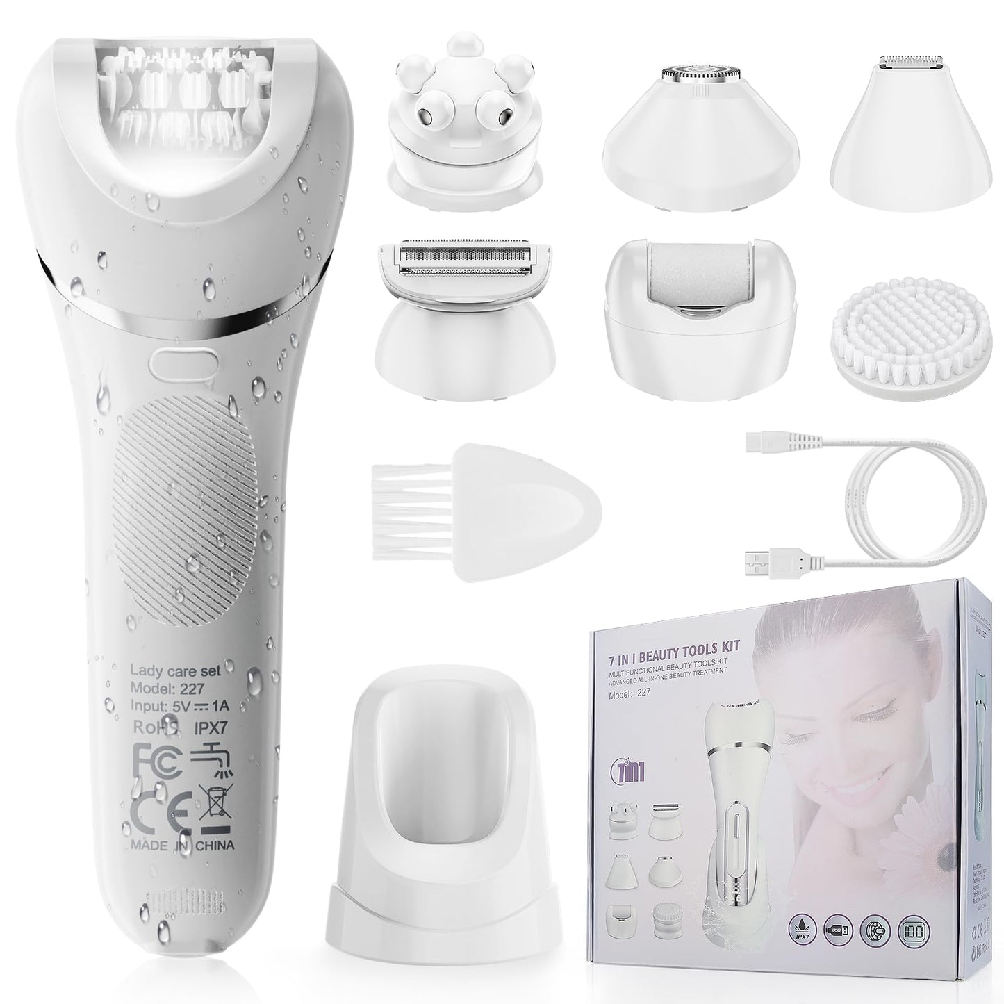 Qreeyx Epilator for Women, 7 in 1 Epilator Hair Removal for Women, Shaver, Bikini, Face Razor, Facial Brush, Face Massage and Body Exfoliator, Waterproof Painless Lady Shaver (White 227)
