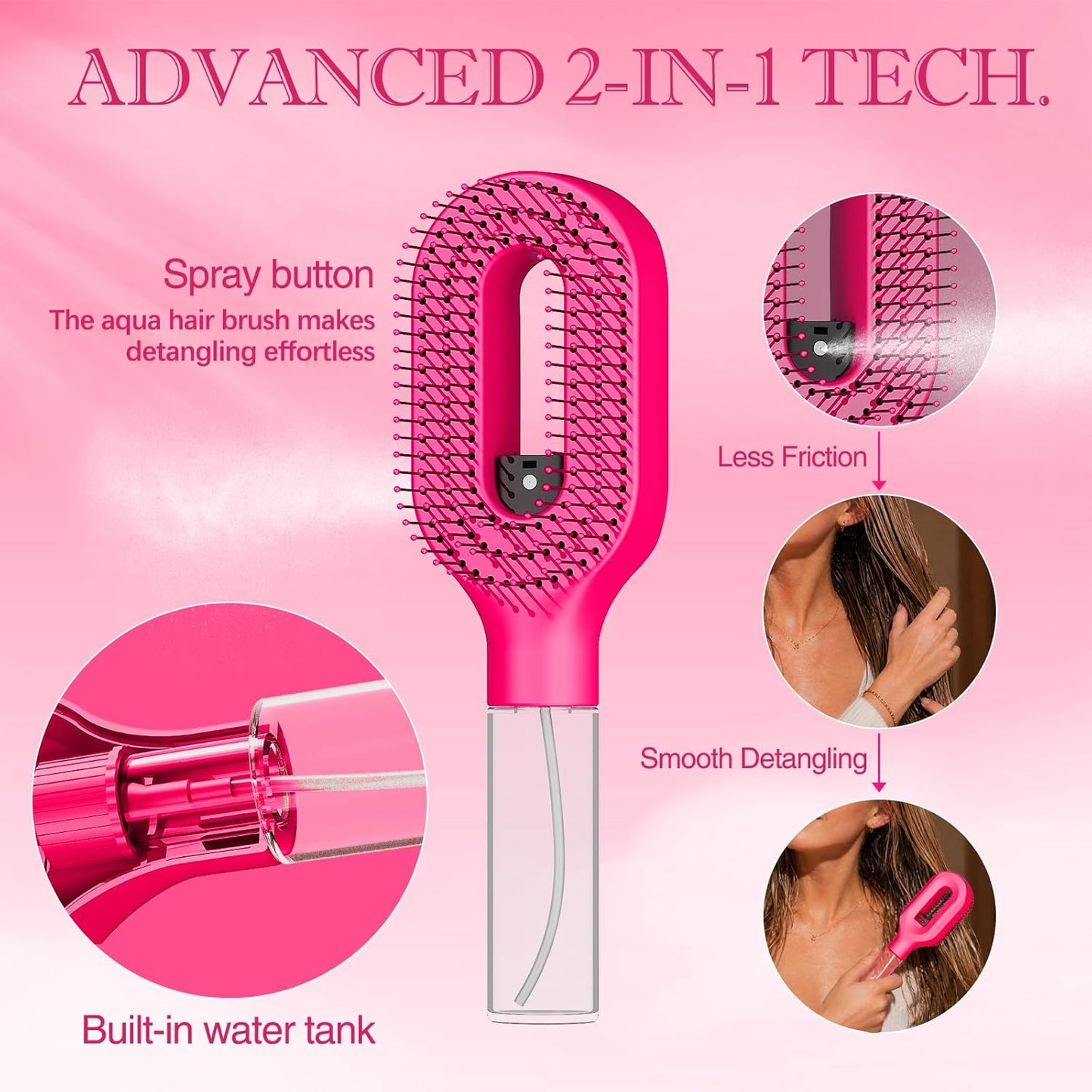 Hot Pink Hair Brush - Fine Mist Detangling Tool for Curly Thick Hair | Cute Wet & Dry Styling Accessory
