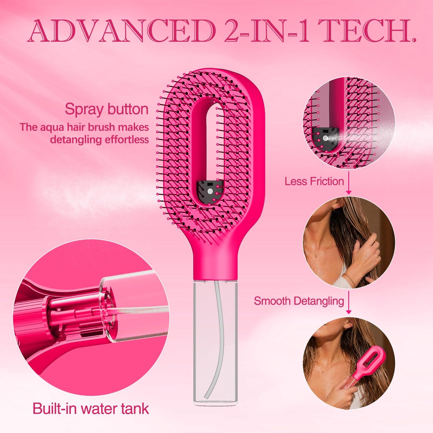 Hot Pink Hair Brush with Water Spray, Fine Mist Detangling Tool for Girls, Cute Wet & Dry Styling for Curly Thick Hair, Daily Hair Care Accessory(1, Rose Pink)