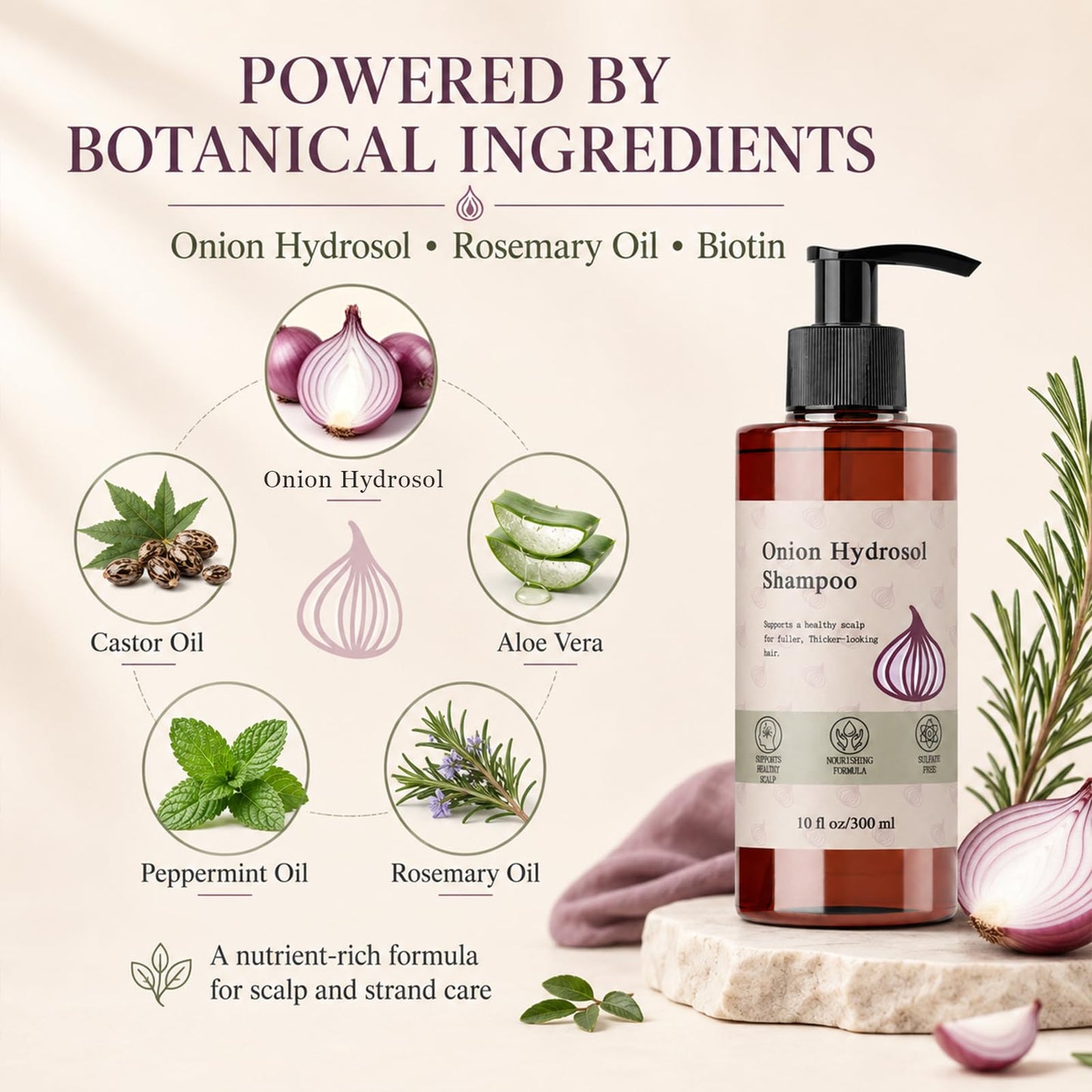 Onion Hydrosol Shampoo for Hair Growth, Onion Hydrosol with Rosemary, Biotin, for Stronger, Fuller and Thicker Hair, Growth Shampoo for Women and Men(1pc)
