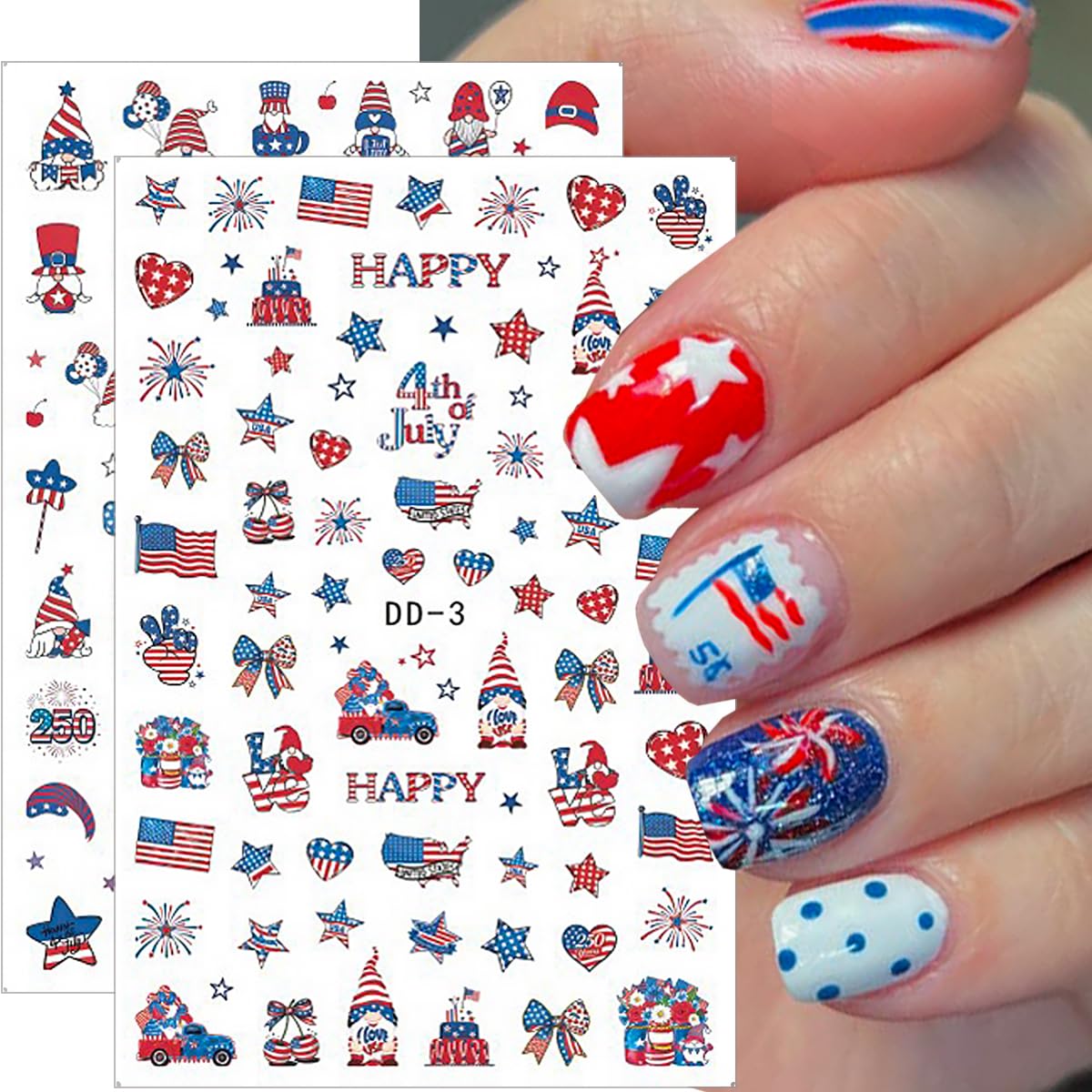 6Sheets 4th of July Nail Stickers 3D Self-Adhesive Independence Day Patriotic Nail Decals Red White Blue Star Heart USA Flag Nail Art Stickers for Women Fourth of July Nail Art Design Party Decoration