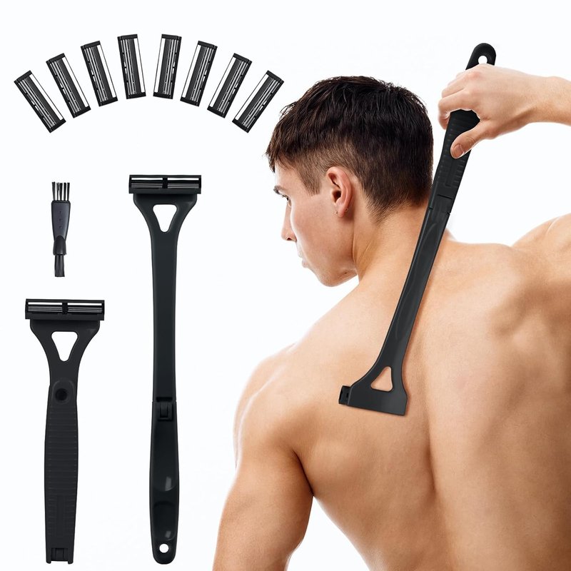 ETbyto Back Shavers for Men with Foldable Long Ergonomic Handle: DIY Hair Shaver, Replaceable Safety Blade & Portable Razor Groomer for Men, Wet & Dry Shaving - Black (8PCS Blades Included)