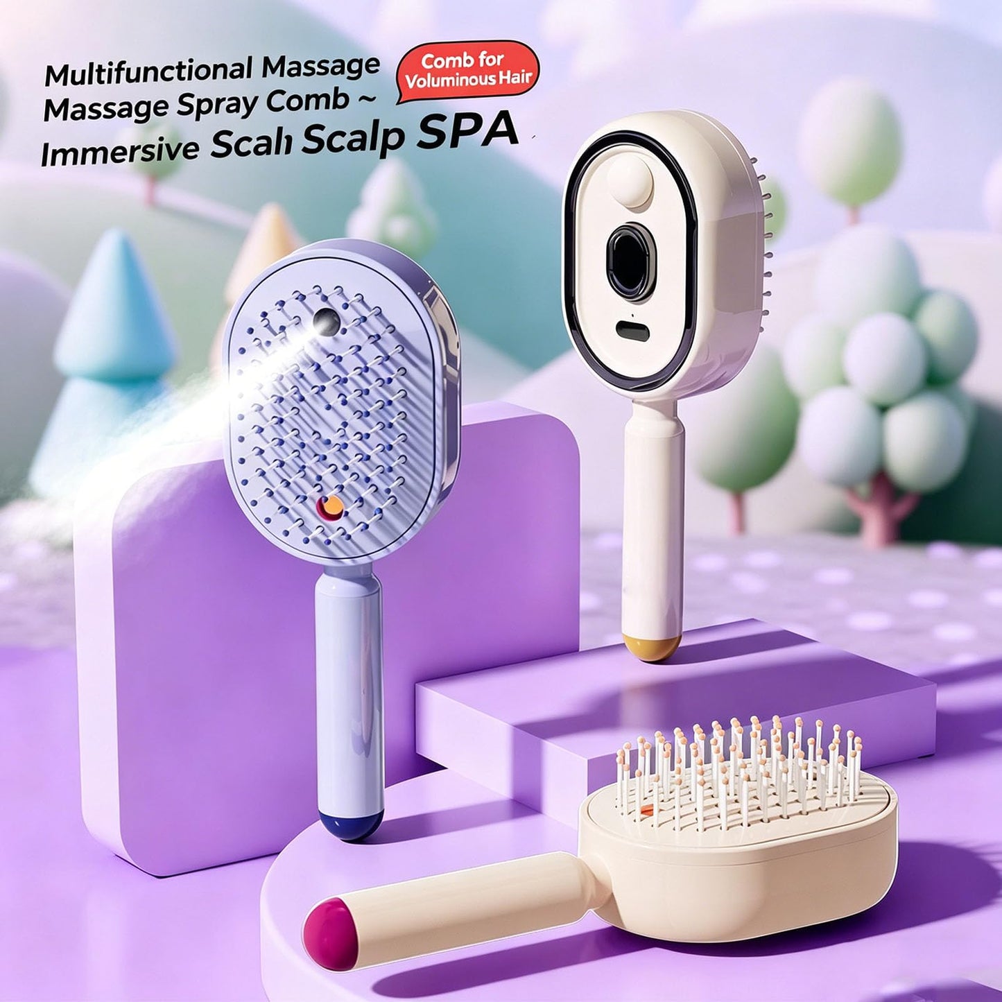 -Electric Spray Air Cushion Massage Comb, Last Mature Hair Brush, Detangling & Anti-Static and Self-Cleaning, Electric Spray Hair Cushion for Frizzy Hair (Purple)
