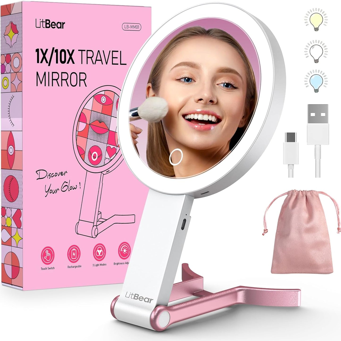 Travel Makeup Mirror with Lights - Rechargeable Double-Sided 10X/1X Magnifying | Portable Dimmable Touch Screen (Pink)