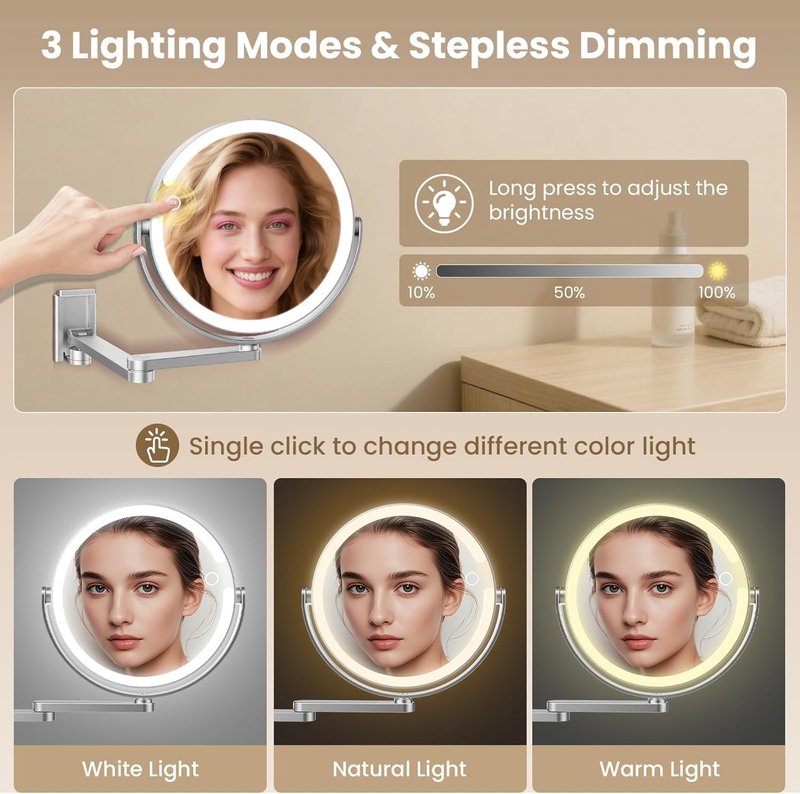 Wall Mounted Makeup Mirror with Lights - 8-Inch 20X/1X Magnification, Rechargeable LED, 360° Swivel & Extendable Arm
