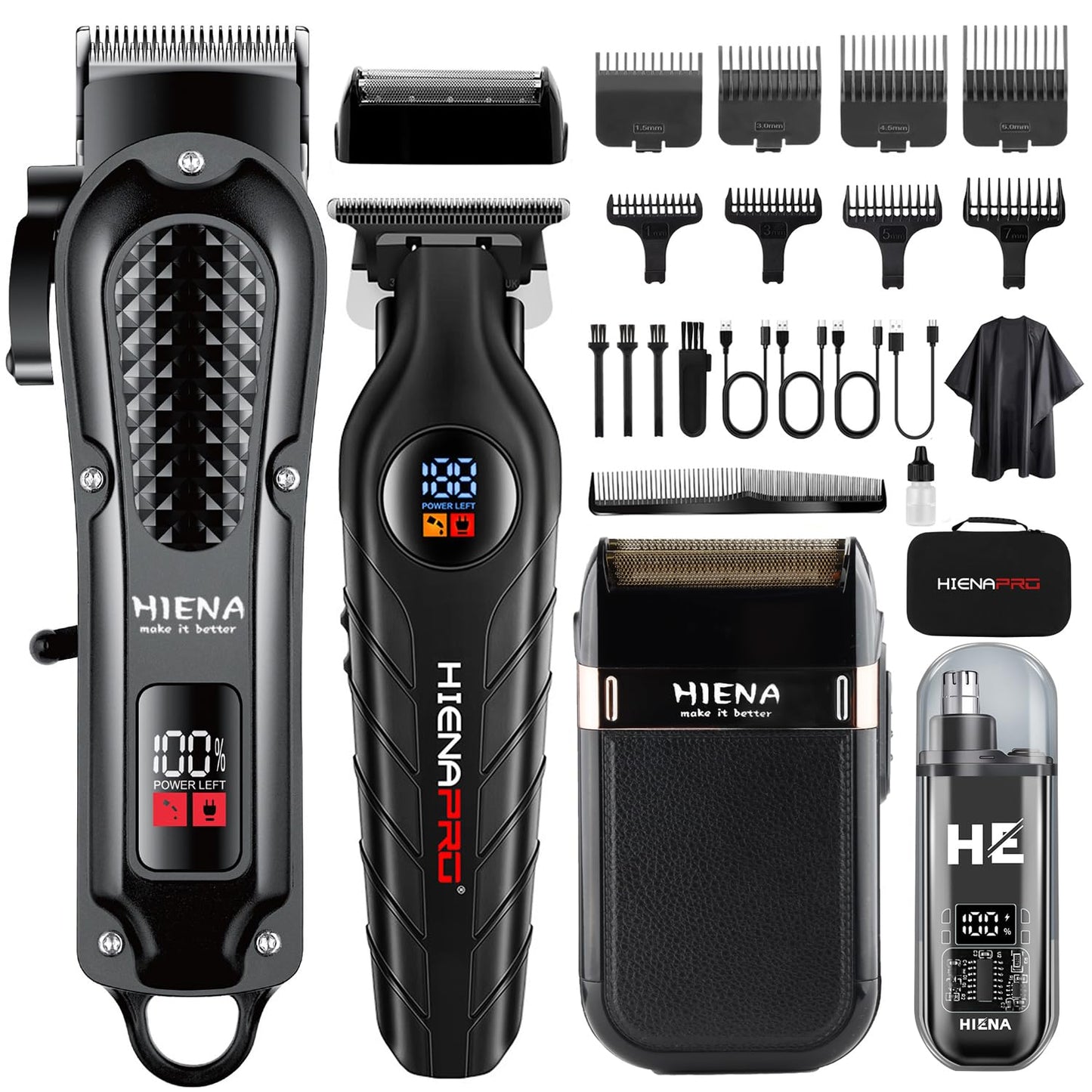 HIENA PRO Professional Cordless Hair Clippers for Men, Beard Trimmer & Elecatric Shaver & Nose Hair Trimmer Set, Rechargeable Barber Hair Cutting Grooming Kit