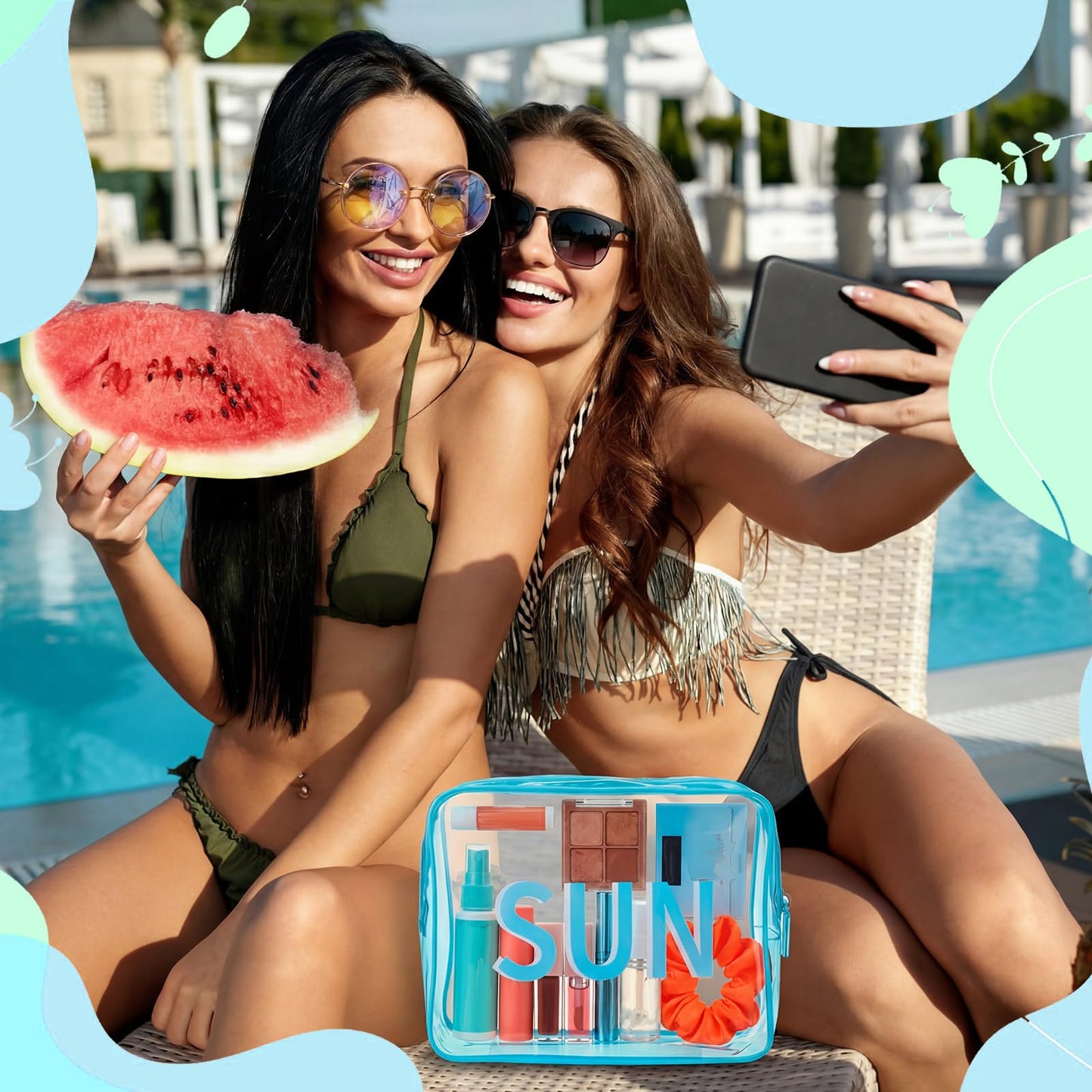 Shinylin Clear Sun Bag Travel Beach Makeup Pouch 9.5" x 7" x 3.5" Large Blue Toiletry Cosmetic Bag PVC Waterproof Transparent Zippered Organizer for Women Girl Summer