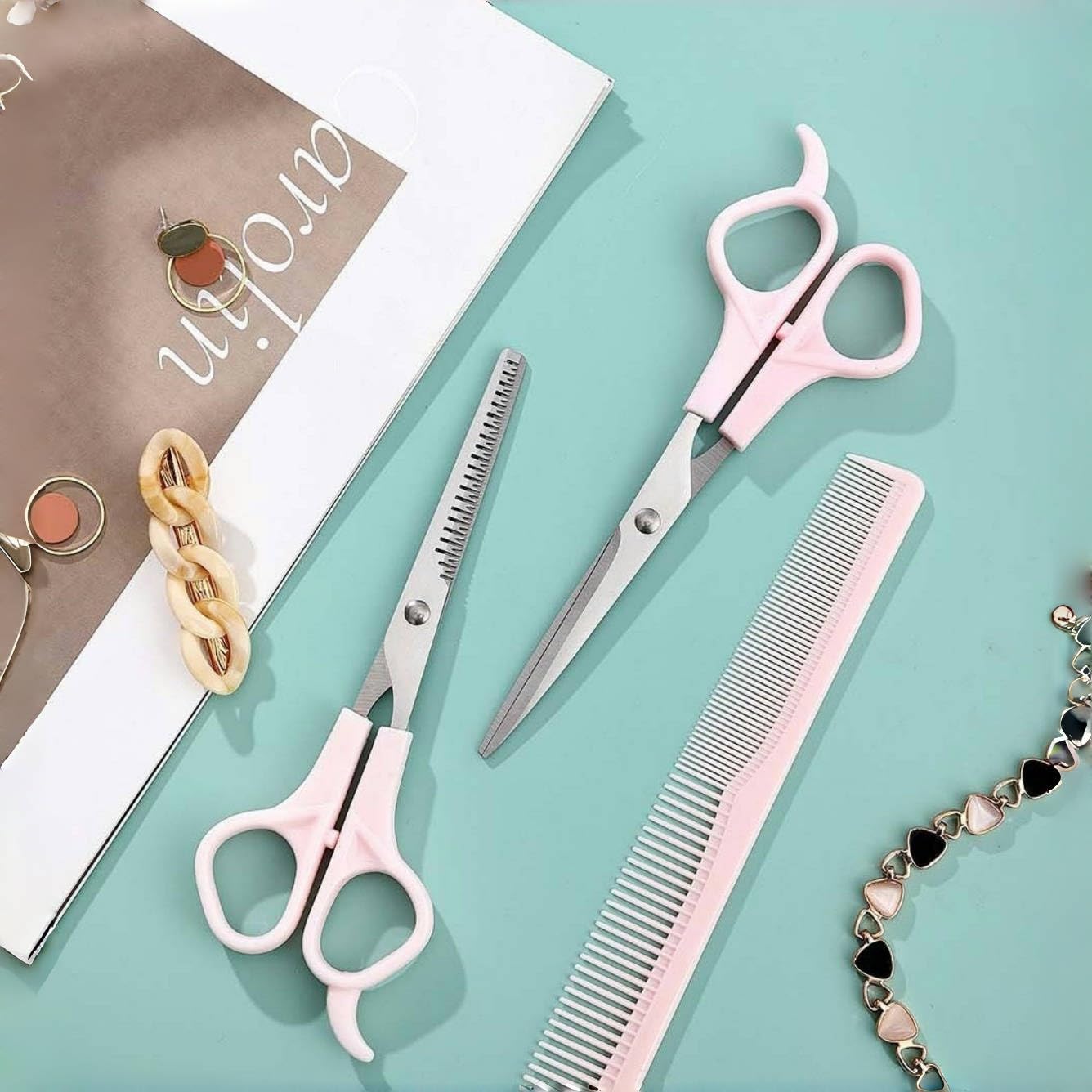 Pink Stainless Steel Hair Cutting Shears Set - 6.7inch Shear, Thinning Scissor, Comb - Barber Kit for Women/Men/Kids
