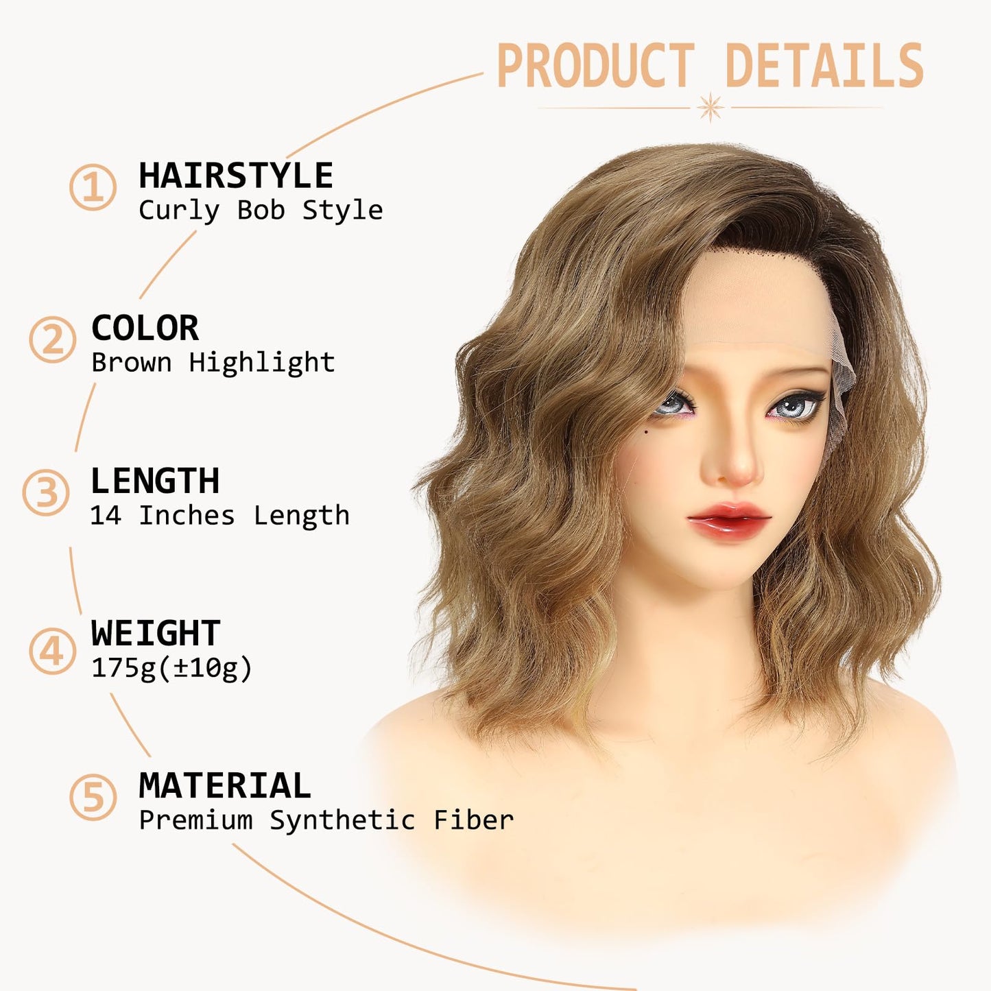 AliRobam Short Brown Highlight Wavy Bob Wig for Women Free Part 9x1 Lace Front Shoulder Length Curly Synthetic Wig Natural Hairline 14 Inch for Daily Party Cosplay