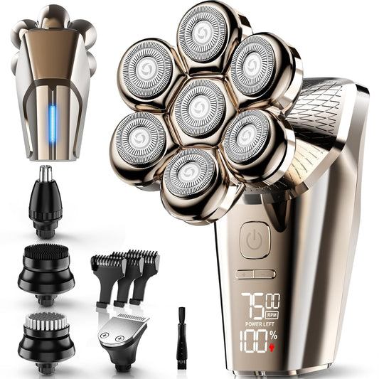 Hexus Head Shavers for Bald Men, Detachable Head Shaver Dry/Wet Bald Head Shaving for Men, IPX7 Waterproof Electric Razor Grooming Kit with LED Display and Type-C Charge, Gold