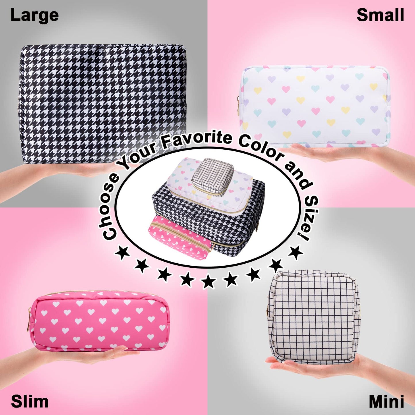 Nylon Small Makeup Bag for Purse, Cute Makeup Pouch Bag Preppy Cosmetic Zipper Pouch Purse, Portable Travel Toiletry Bag Clutch Makeup Brush Bag Organizer Storage for Ladies Girls(Black Houndstooth)