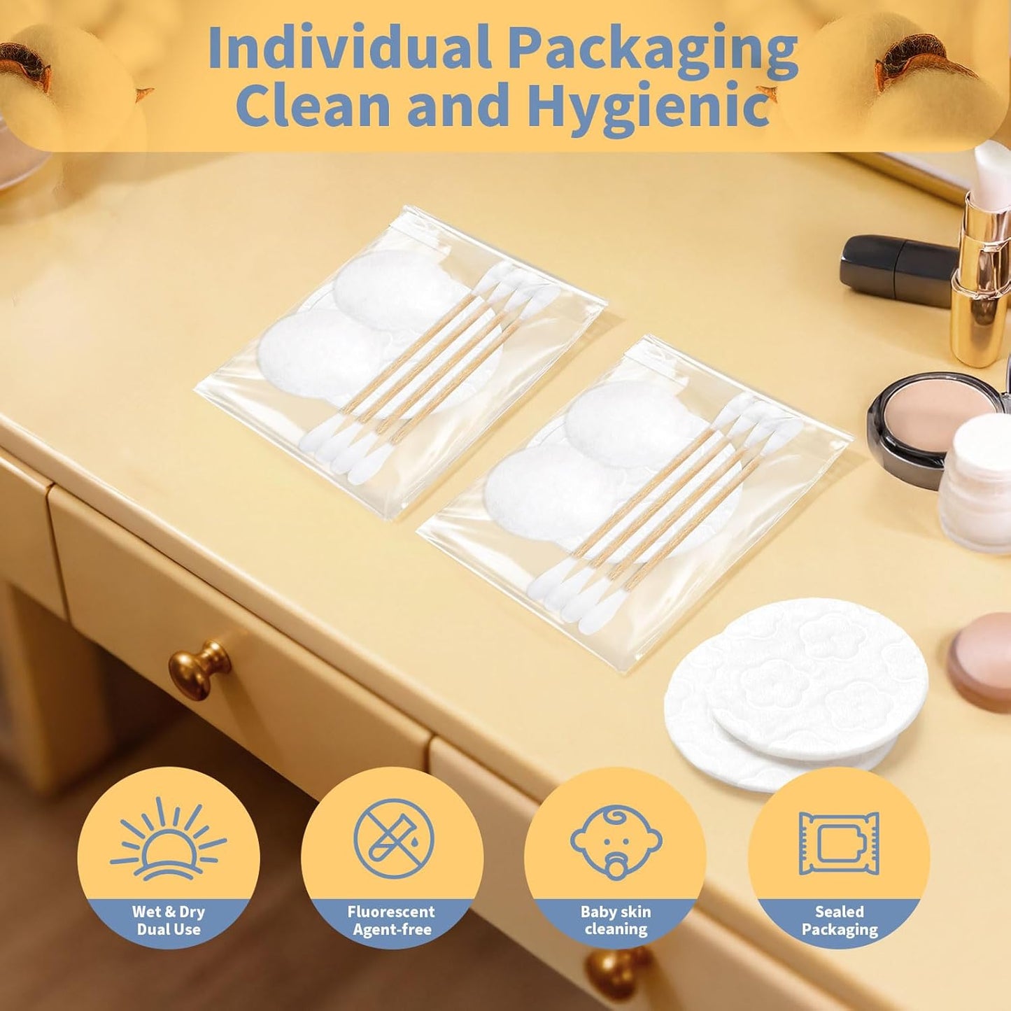 Travel Cotton Swabs Set - Portable Hotel Vanity Kit with Cotton Balls & Rounds | 50 Individually Wrapped Pieces