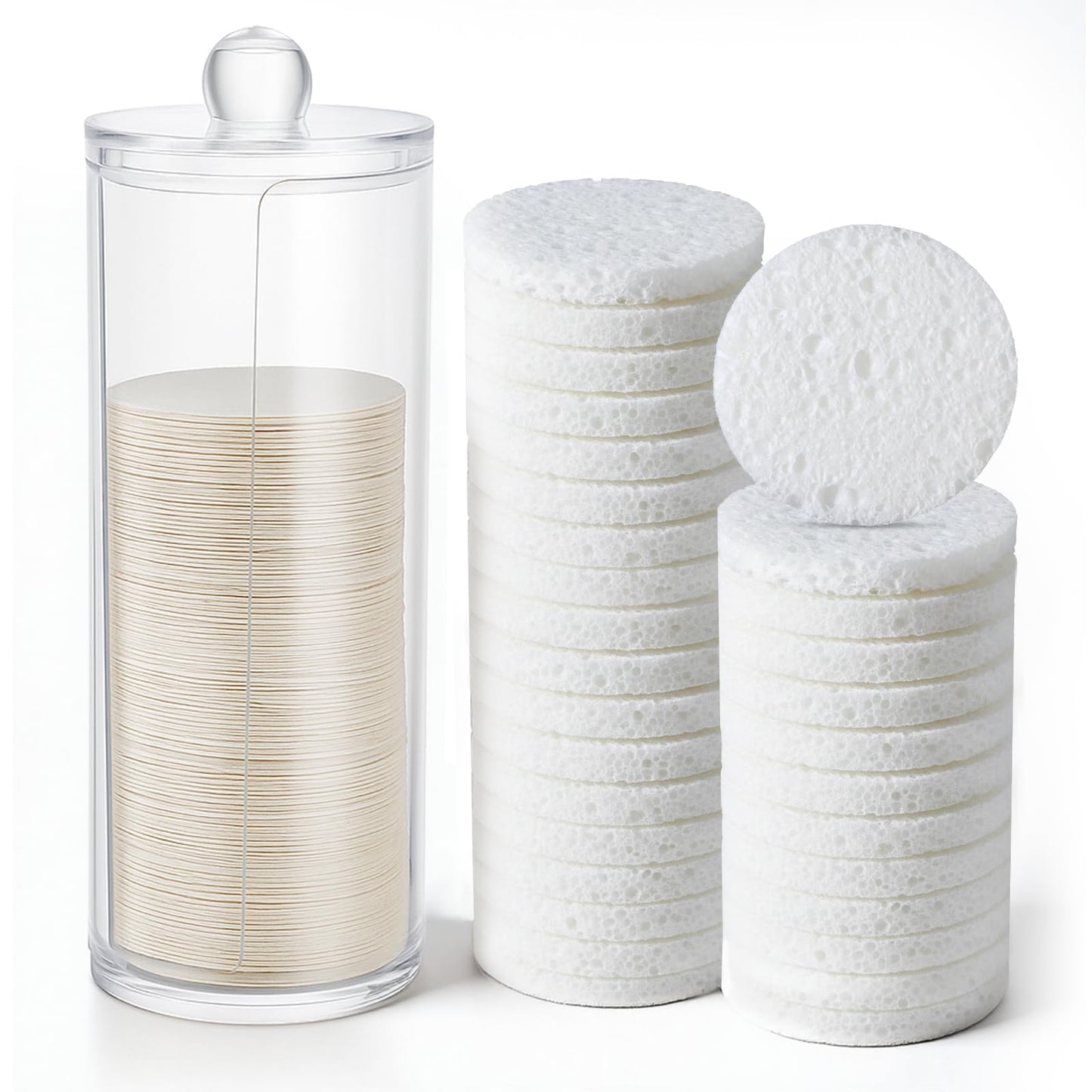 Oqqlin 120 Pcs Compressed Facial Sponges with Container, Disposable Round Face Sponge Pads Portable Makeup Removal Wash Sponges for Women Cleansing Makeup Spa (White)