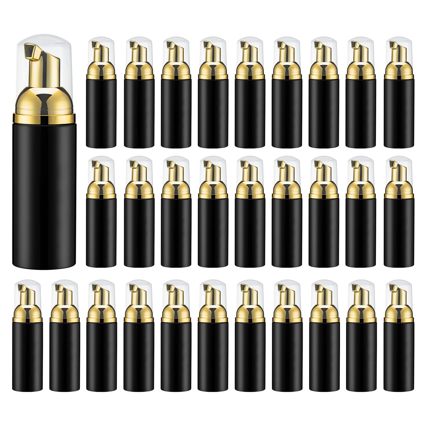 Owlyee Travel Foam Pump Bottle - 2oz Small Size Foaming Hand Soap Dispenser - Mini Portable Mousse Lash Shampoo Kit Container for Hair - Empty Leak Proof Plastic Gold&Black Foamer 30Pack